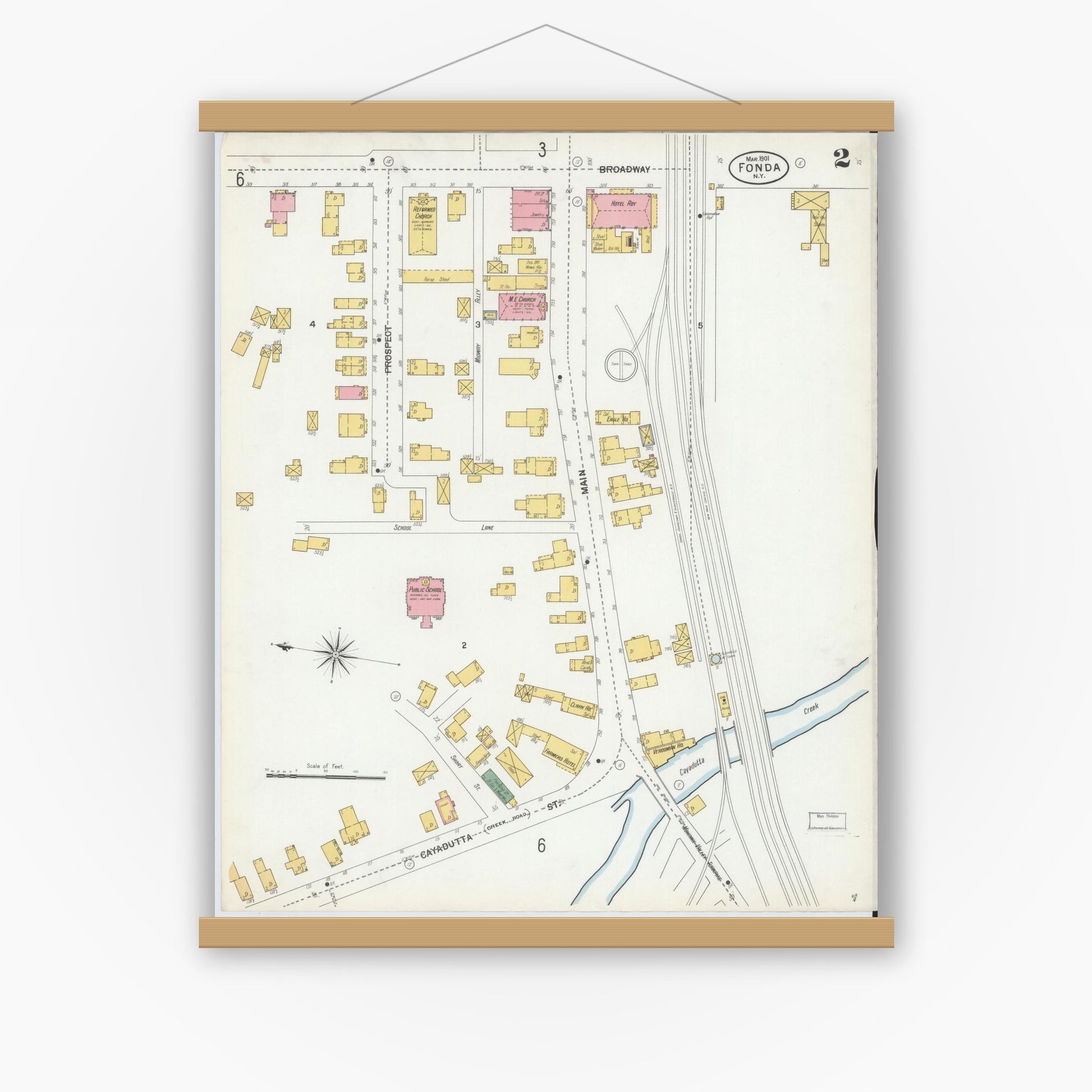 Old map wall art mockup — magnetic wood frame on white wall — Sanborn Fire Insurance Map from Fonda, Montgomery County, New York (1901), Sheet #0002