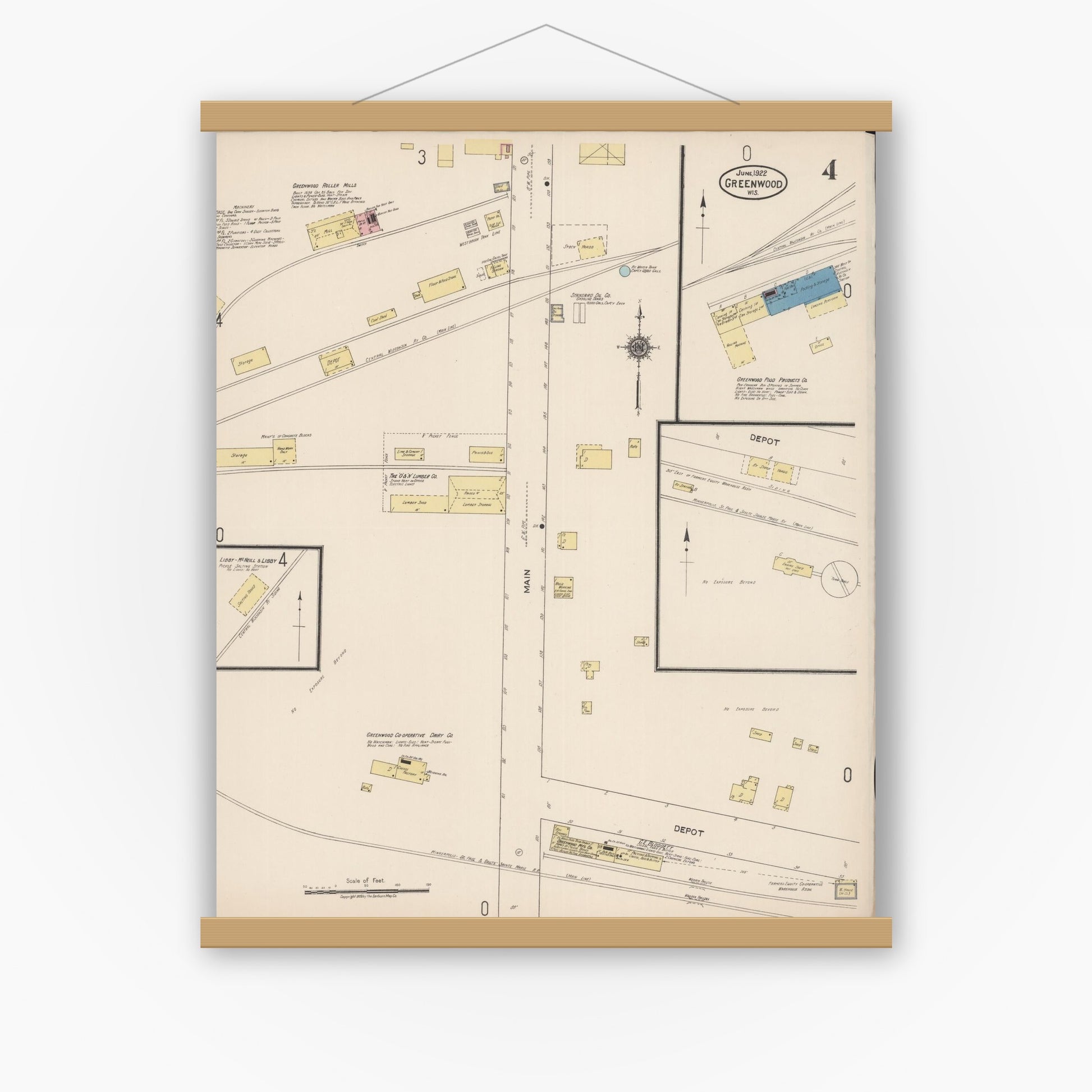 Old map wall art mockup — magnetic wood frame on white wall — Sanborn Fire Insurance Map from Greenwood, Clark County, Wisconsin (1922), Sheet #0004