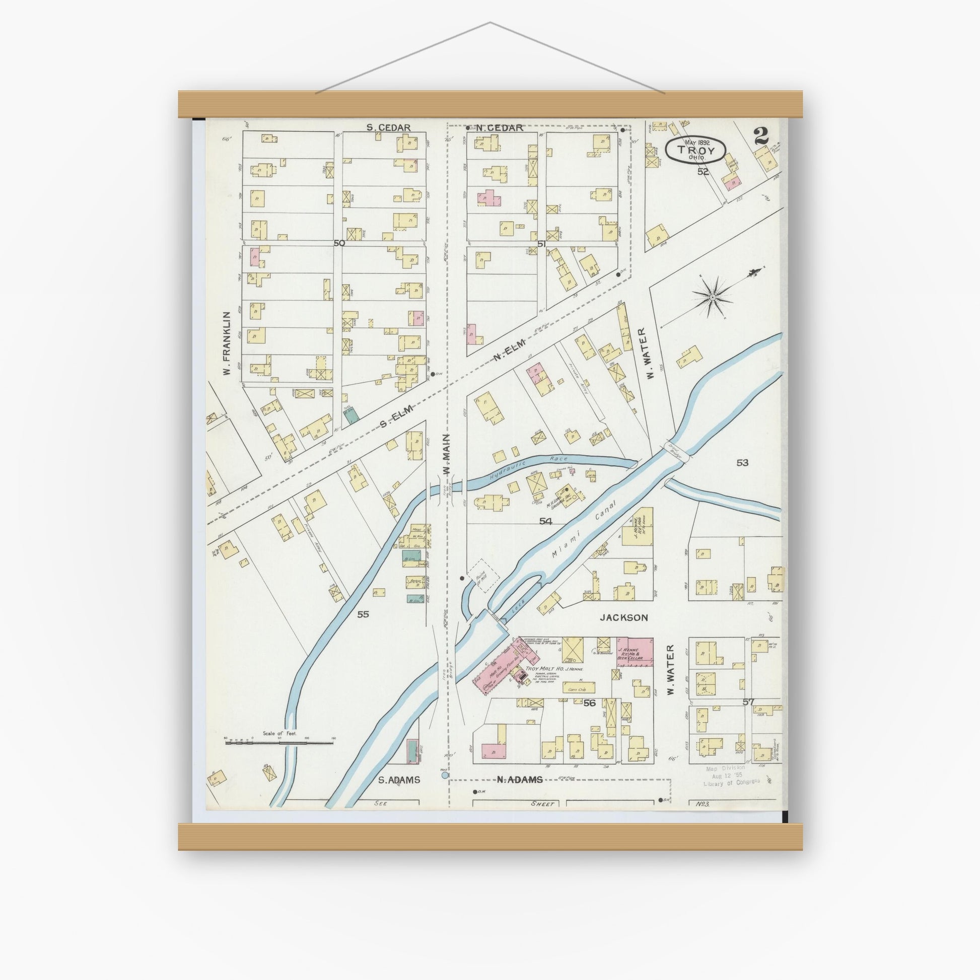 Old map wall art mockup — magnetic wood frame on white wall — Sanborn Fire Insurance Map from Troy, Miami County, Ohio (1892), Sheet #0002