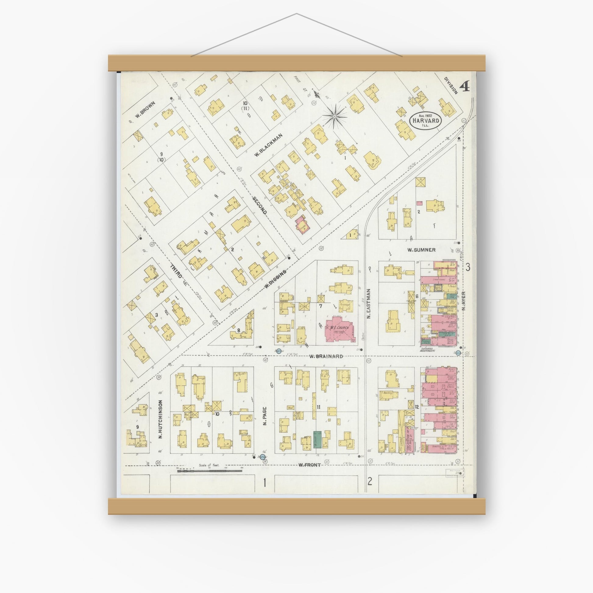 Old map wall art mockup — magnetic wood frame on white wall — Sanborn Fire Insurance Map from Harvard, McHenry County, Illinois (1902), Sheet #0004