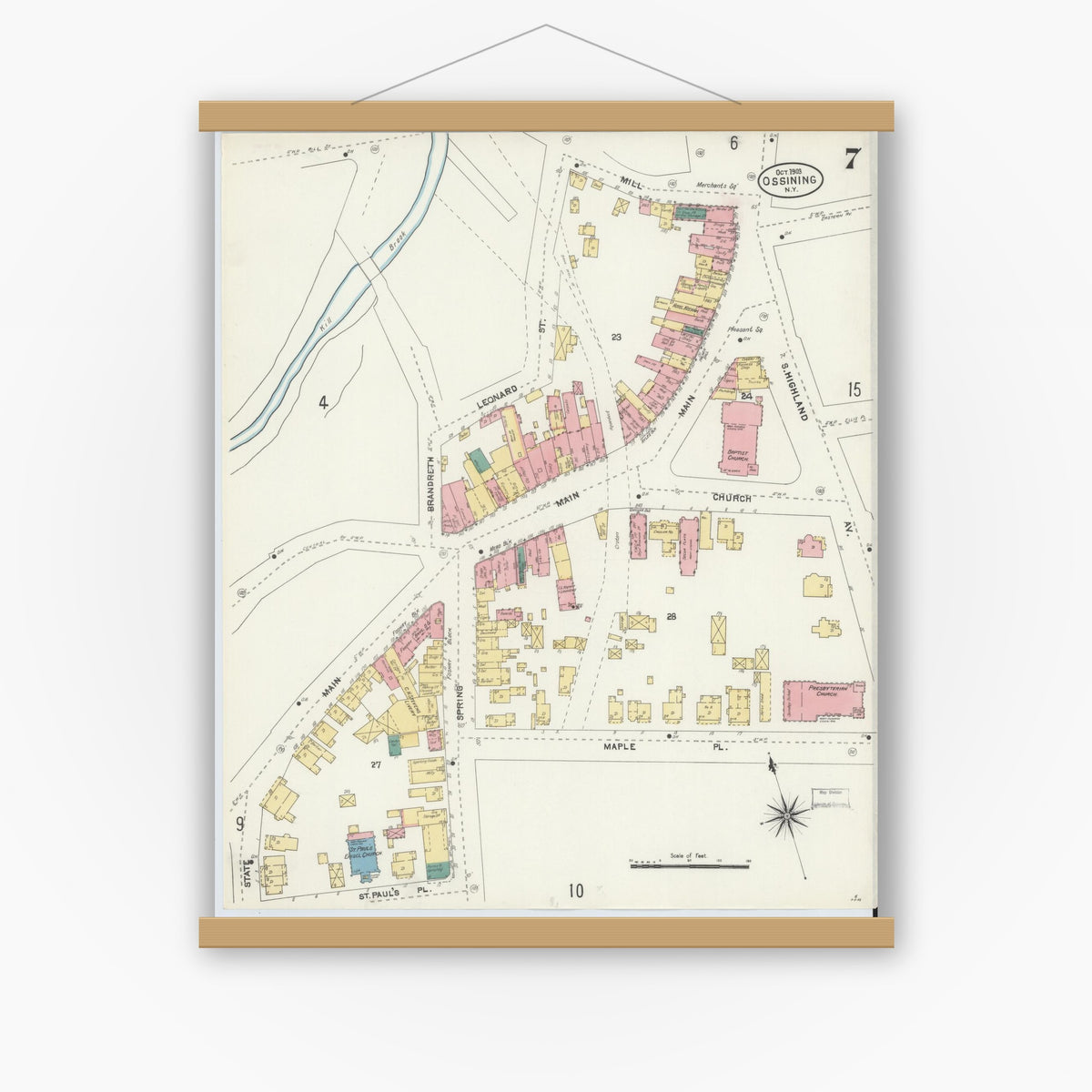 Old map wall art mockup — magnetic wood frame on white wall — Sanborn Fire Insurance Map from Ossining, Westchester County, New York (1903), Sheet #0007