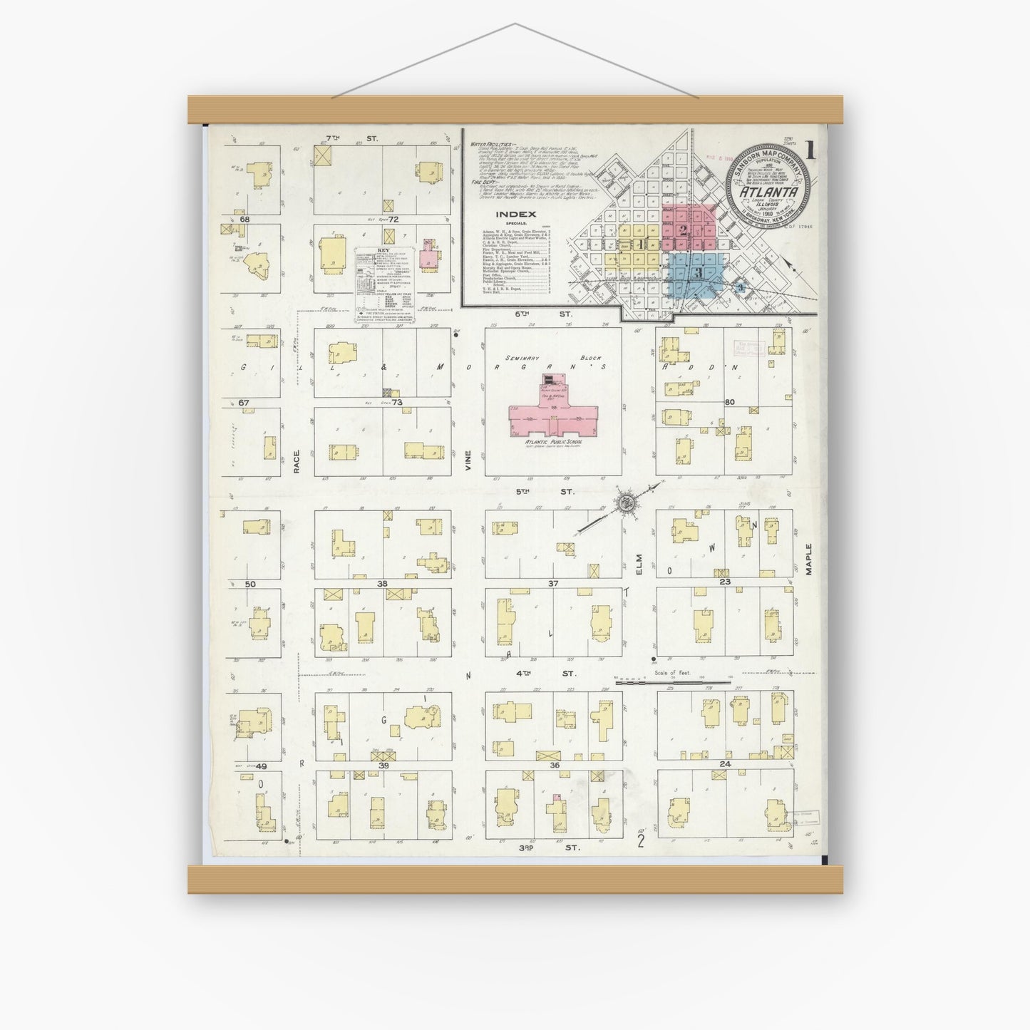 Old map wall art mockup — magnetic wood frame on white wall — Sanborn Fire Insurance Map from Atlanta, Logan County, Illinois (1910) - Complete Map Set