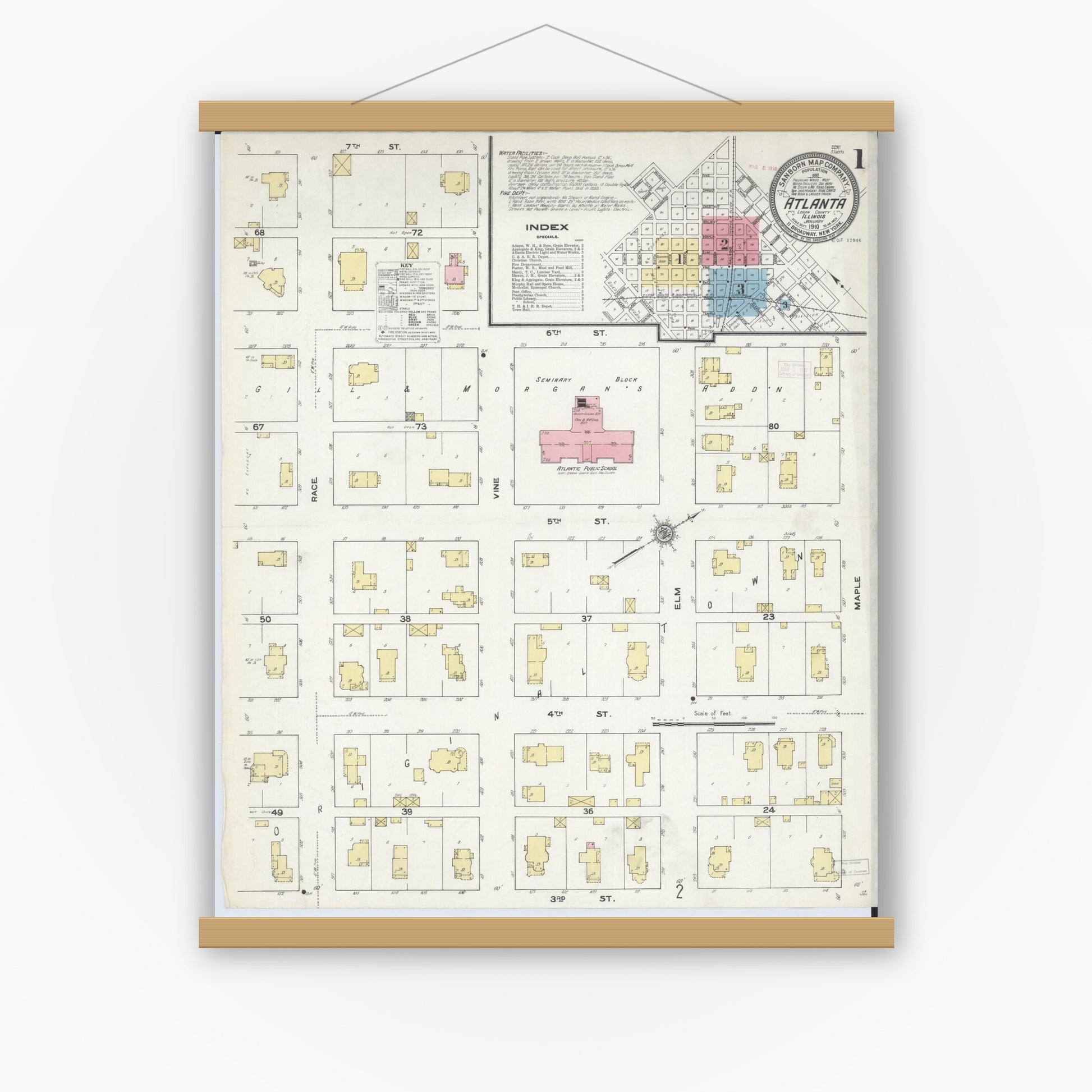 Old map wall art mockup — magnetic wood frame on white wall — Sanborn Fire Insurance Map from Atlanta, Logan County, Illinois (1910) - Complete Map Set
