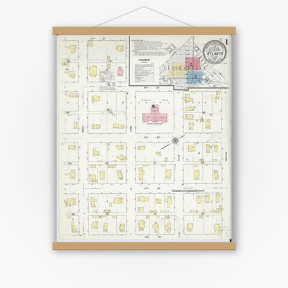 Old map wall art mockup — magnetic wood frame on white wall — Sanborn Fire Insurance Map from Atlanta, Logan County, Illinois (1910) - Complete Map Set