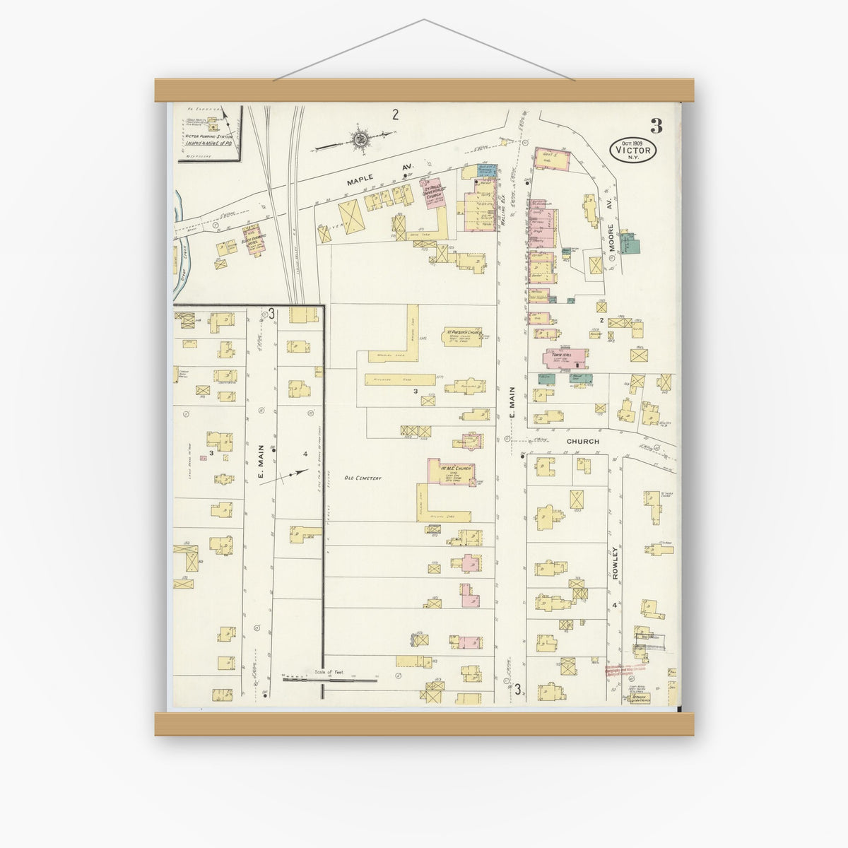 Old map wall art mockup — magnetic wood frame on white wall — Sanborn Fire Insurance Map from Victor, Ontario County, New York (1909), Sheet #0003