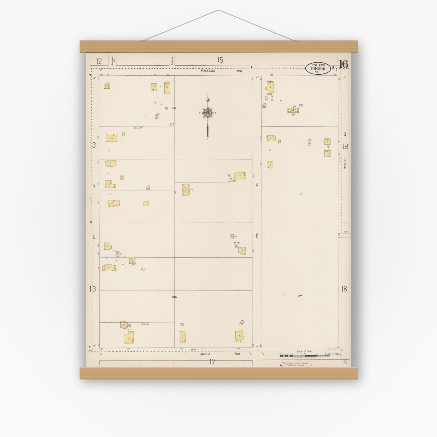 Old map wall art mockup — magnetic wood frame on white wall — Sanborn Fire Insurance Map from Dinuba, Tulare County, California (1920), Sheet #0016