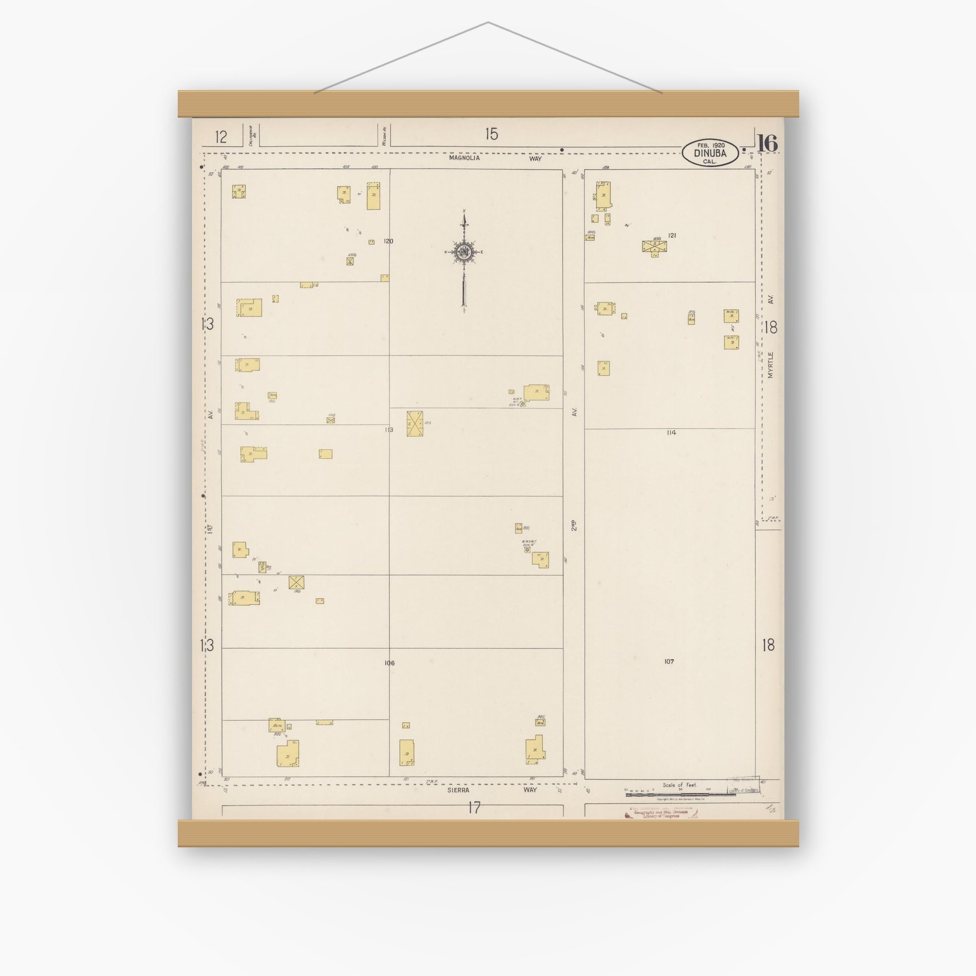 Old map wall art mockup — magnetic wood frame on white wall — Sanborn Fire Insurance Map from Dinuba, Tulare County, California (1920), Sheet #0016