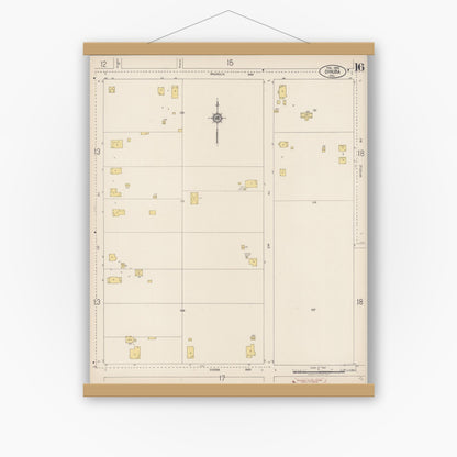 Old map wall art mockup — magnetic wood frame on white wall — Sanborn Fire Insurance Map from Dinuba, Tulare County, California (1920), Sheet #0016