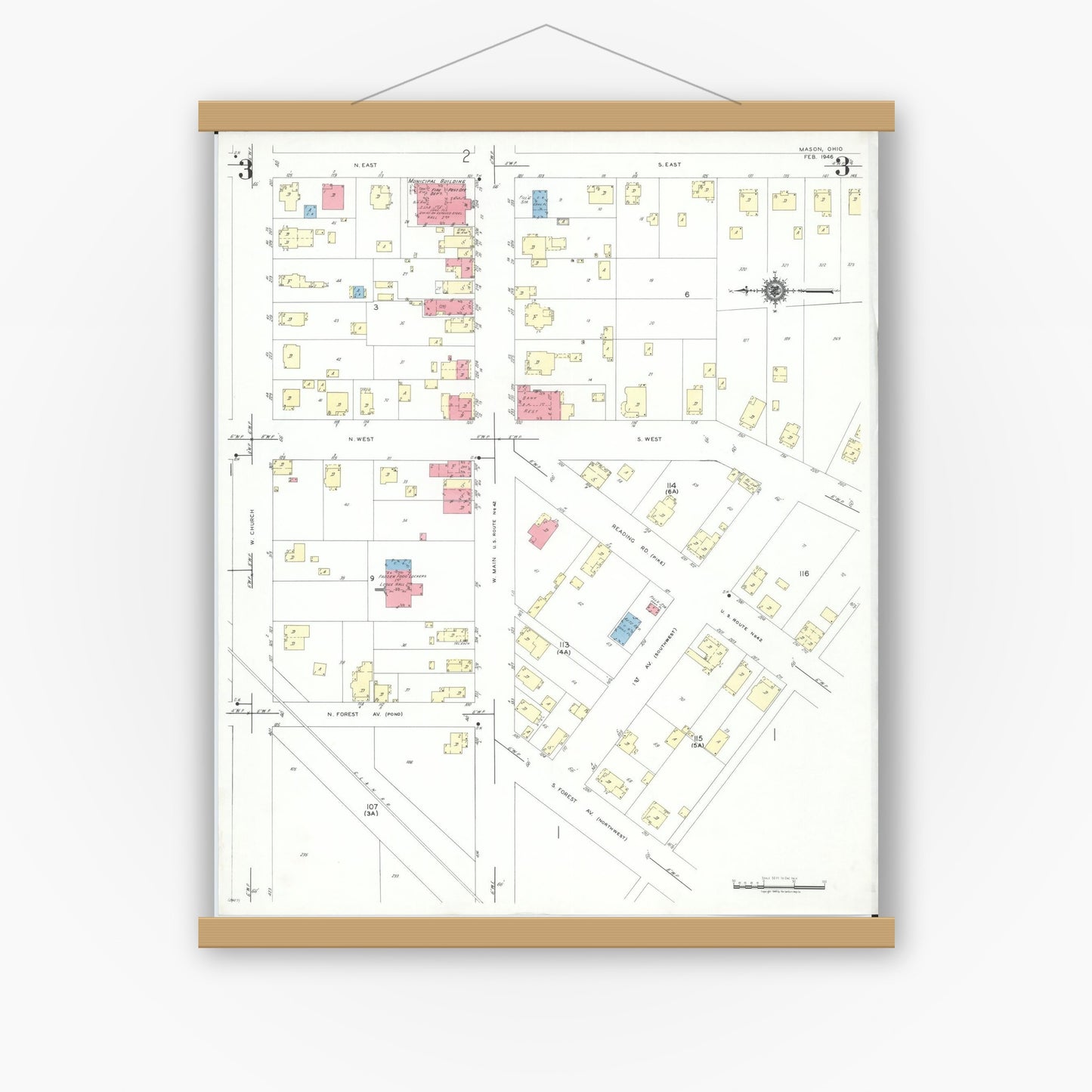 Old map wall art mockup — magnetic wood frame on white wall — Sanborn Fire Insurance Map from Mason, Warren County, Ohio (1946), Sheet #0003
