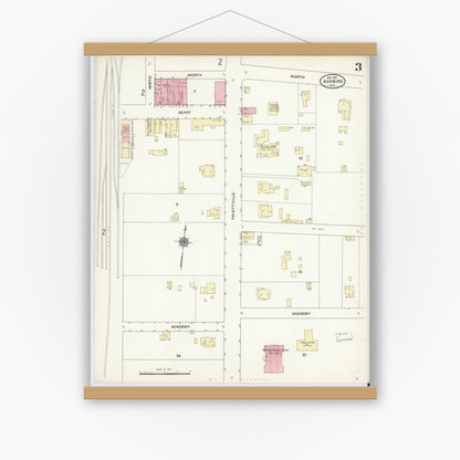 Old map wall art mockup — magnetic wood frame on white wall — Sanborn Fire Insurance Map from Asheboro, Randolph County, North Carolina (1910), Sheet #0003