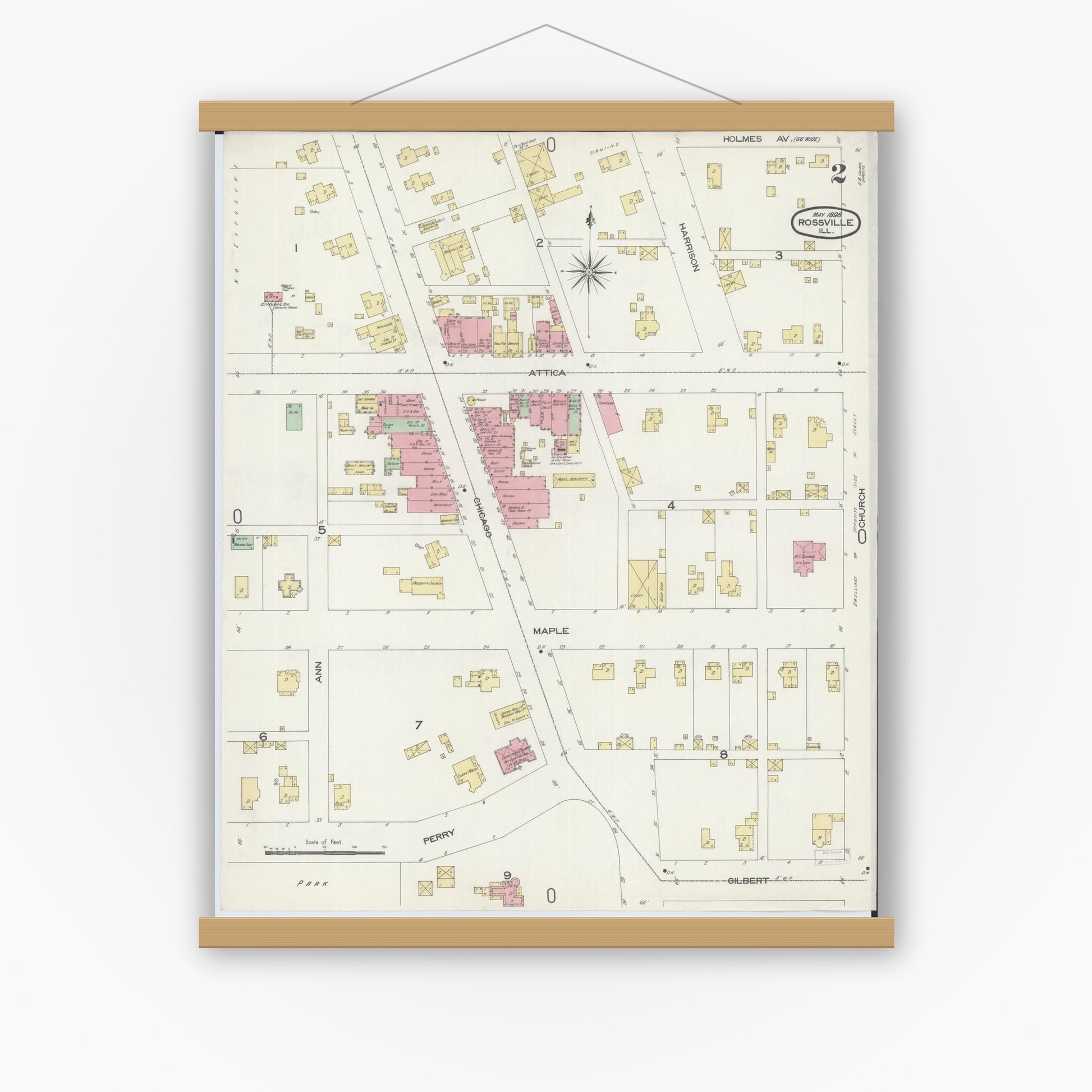 Old map wall art mockup — magnetic wood frame on white wall — Sanborn Fire Insurance Map from Rossville, Vermilion County, Illinois (1898), Sheet #0002