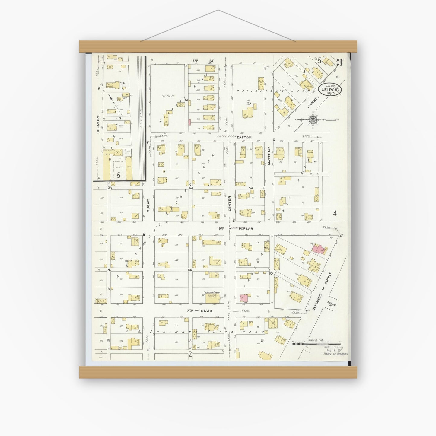 Old map wall art mockup — magnetic wood frame on white wall — Sanborn Fire Insurance Map from Leipsic, Putnam County, Ohio (1910), Sheet #0003