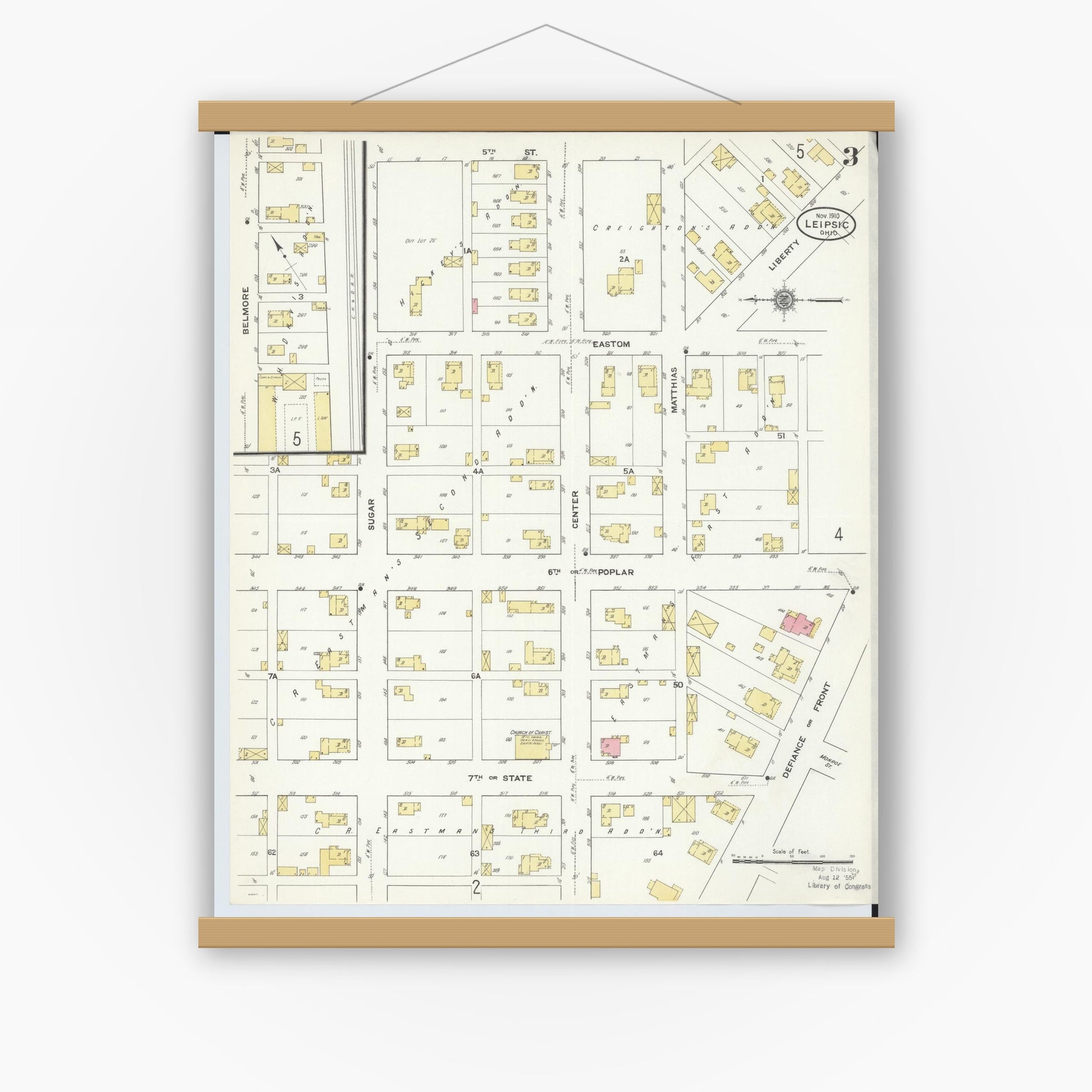 Old map wall art mockup — magnetic wood frame on white wall — Sanborn Fire Insurance Map from Leipsic, Putnam County, Ohio (1910), Sheet #0003
