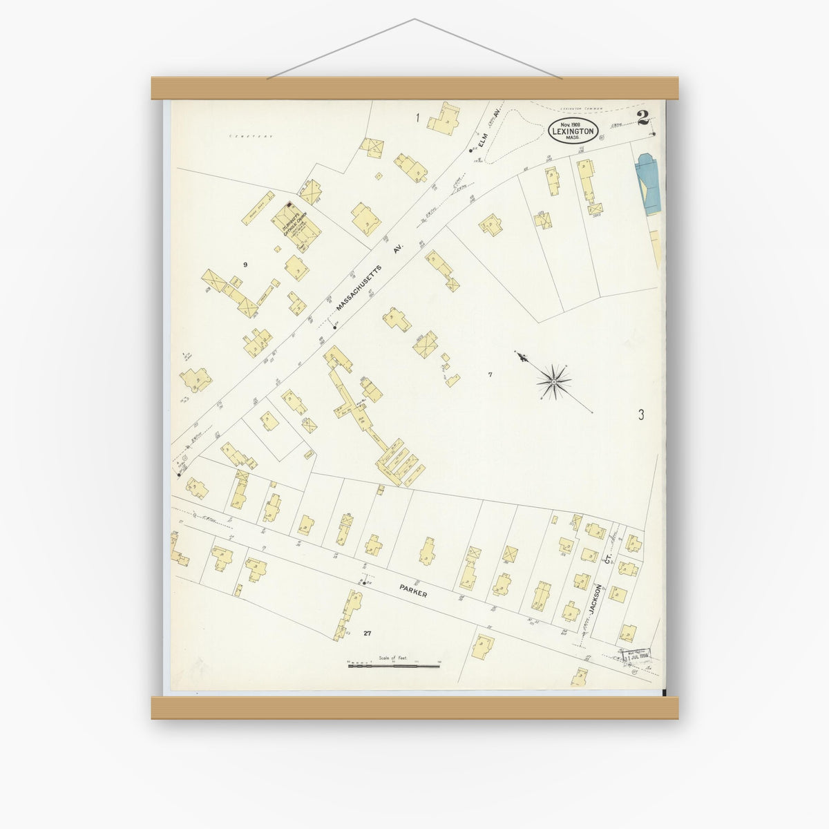Old map wall art mockup — magnetic wood frame on white wall — Sanborn Fire Insurance Map from Lexington, Middlesex County, Massachusetts (1908), Sheet #0002