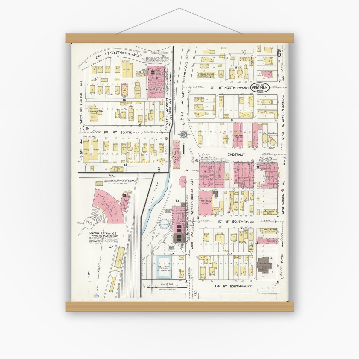 Old map wall art mockup — magnetic wood frame on white wall — Sanborn Fire Insurance Map from Virginia, Saint Louis County, Minnesota (1921), Sheet #0006