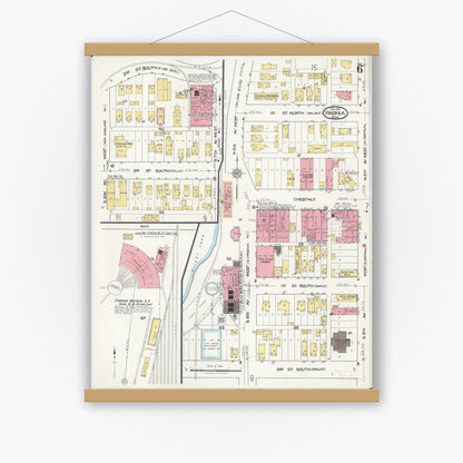 Old map wall art mockup — magnetic wood frame on white wall — Sanborn Fire Insurance Map from Virginia, Saint Louis County, Minnesota (1921), Sheet #0006