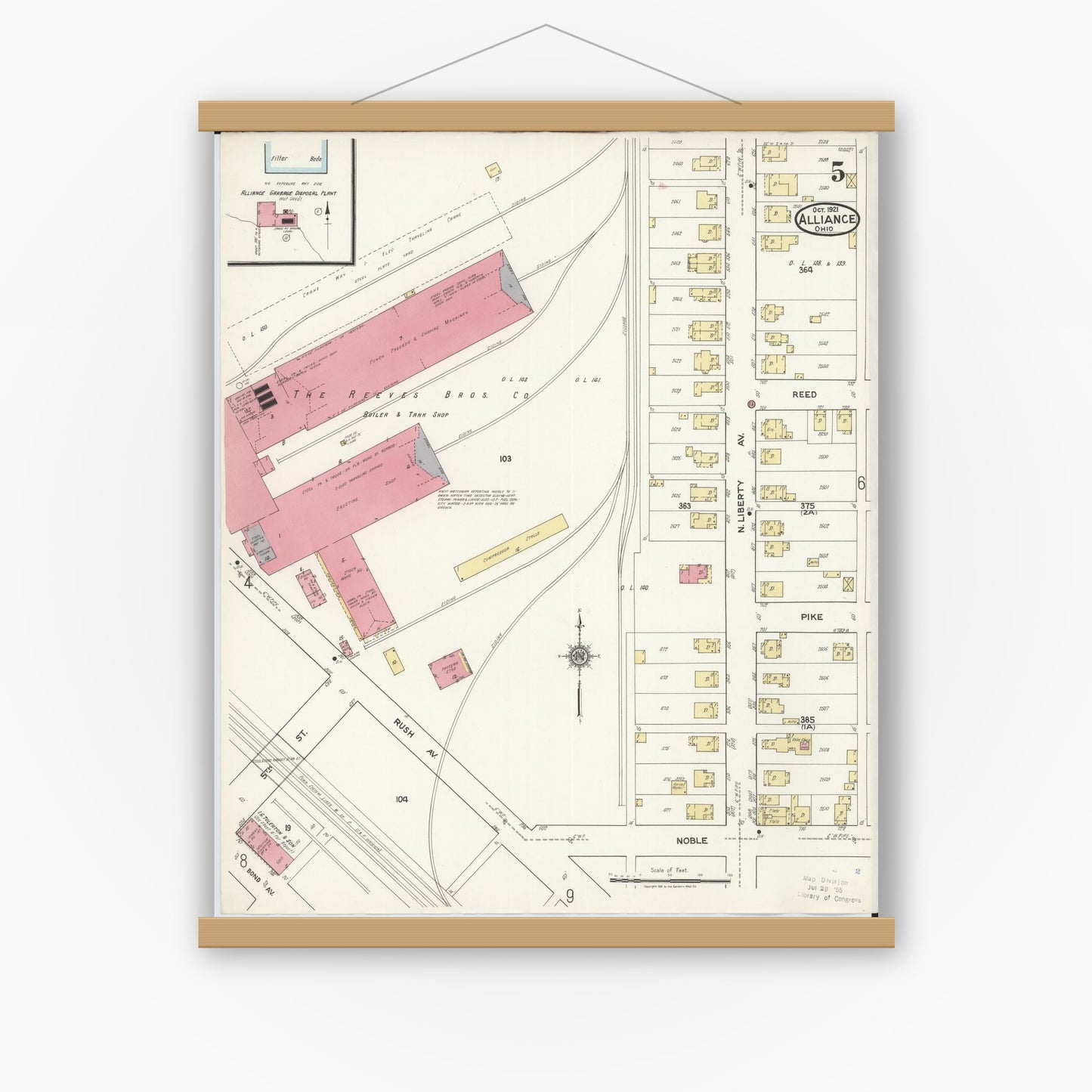 Old map wall art mockup — magnetic wood frame on white wall — Sanborn Fire Insurance Map from Alliance, Stark County, Ohio (1921), Sheet #0005