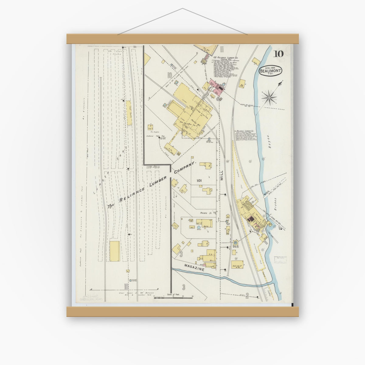 Old map wall art mockup — magnetic wood frame on white wall — Sanborn Fire Insurance Map from Beaumont, Jefferson County, Texas (1894), Sheet #0010