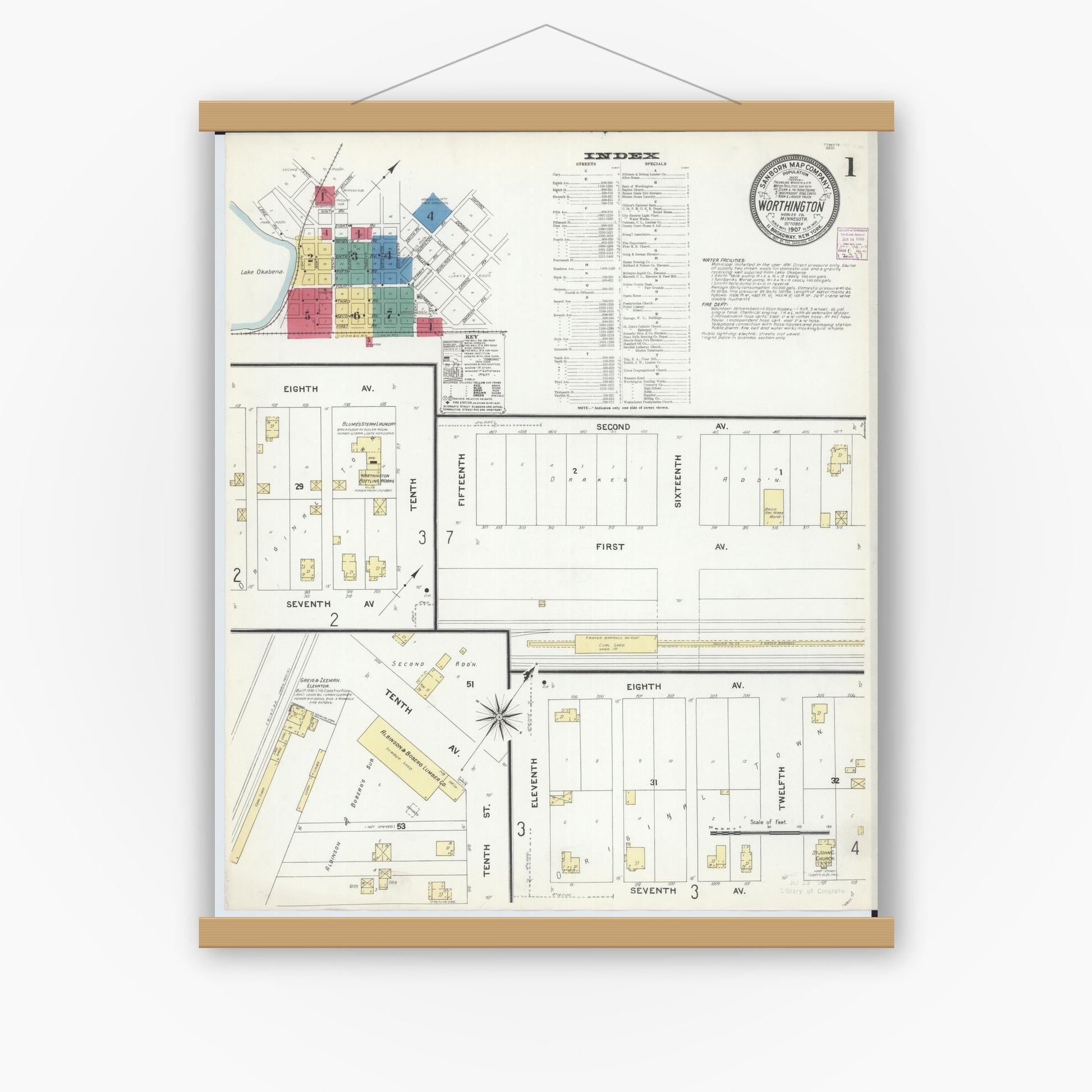 Old map wall art mockup — magnetic wood frame on white wall — Sanborn Fire Insurance Map from Worthington, Nobles County, Minnesota (1907) - Complete Map Set