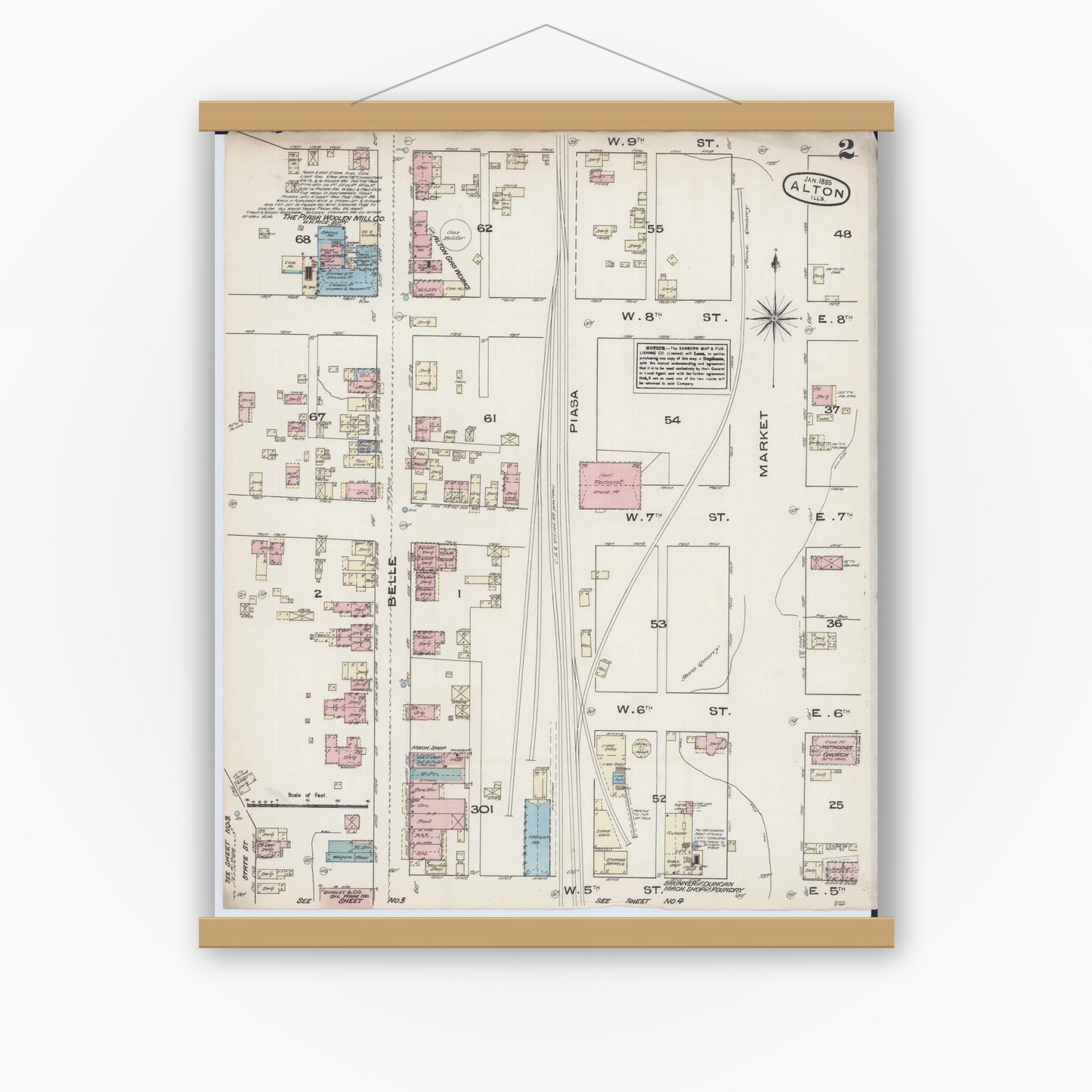 Old map wall art mockup — magnetic wood frame on white wall — Sanborn Fire Insurance Map from Alton, Madison County, Illinois (1885), Sheet #0002