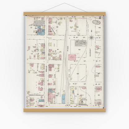 Old map wall art mockup — magnetic wood frame on white wall — Sanborn Fire Insurance Map from Alton, Madison County, Illinois (1885), Sheet #0002