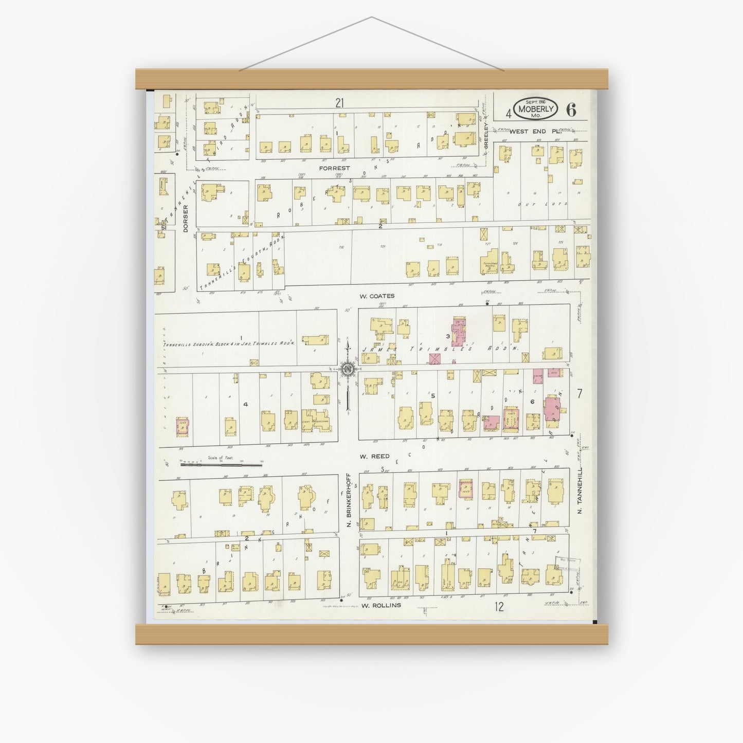 Old map wall art mockup — magnetic wood frame on white wall — Sanborn Fire Insurance Map from Moberly, Randolph County, Missouri (1916), Sheet #0006