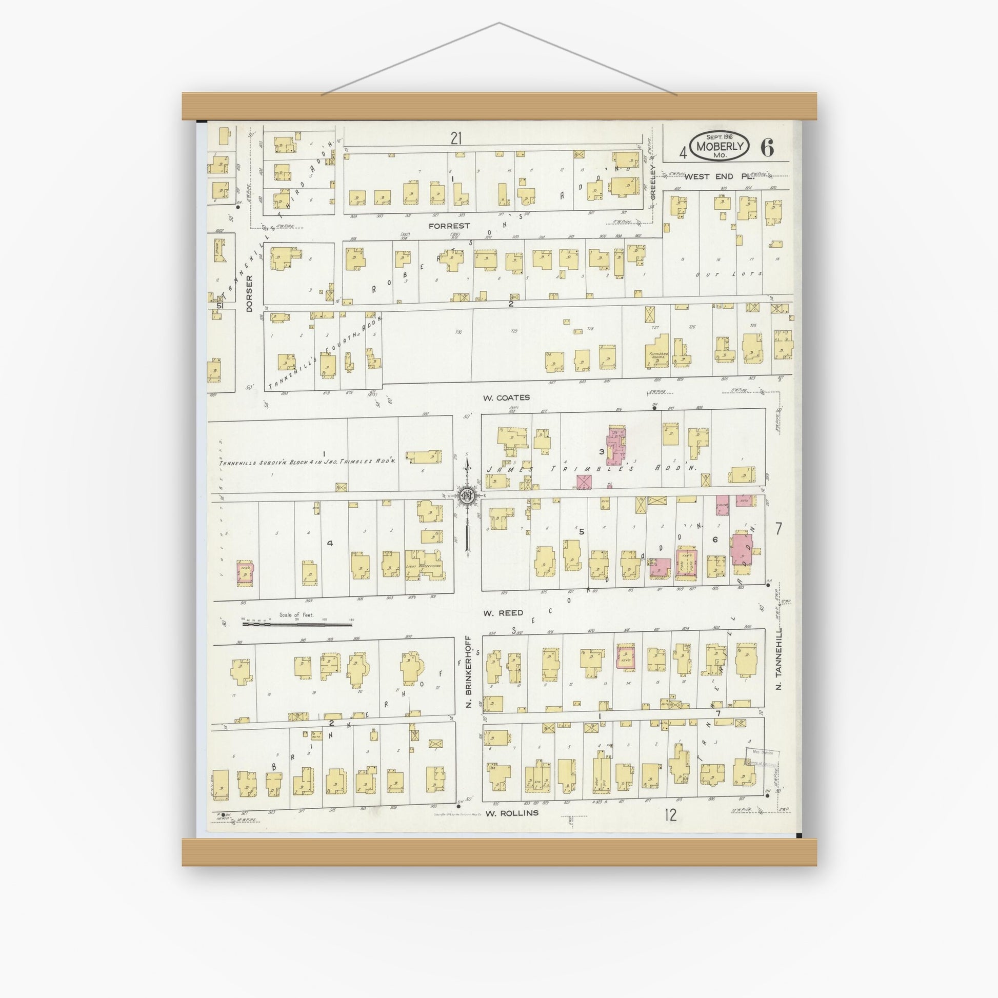 Old map wall art mockup — magnetic wood frame on white wall — Sanborn Fire Insurance Map from Moberly, Randolph County, Missouri (1916), Sheet #0006