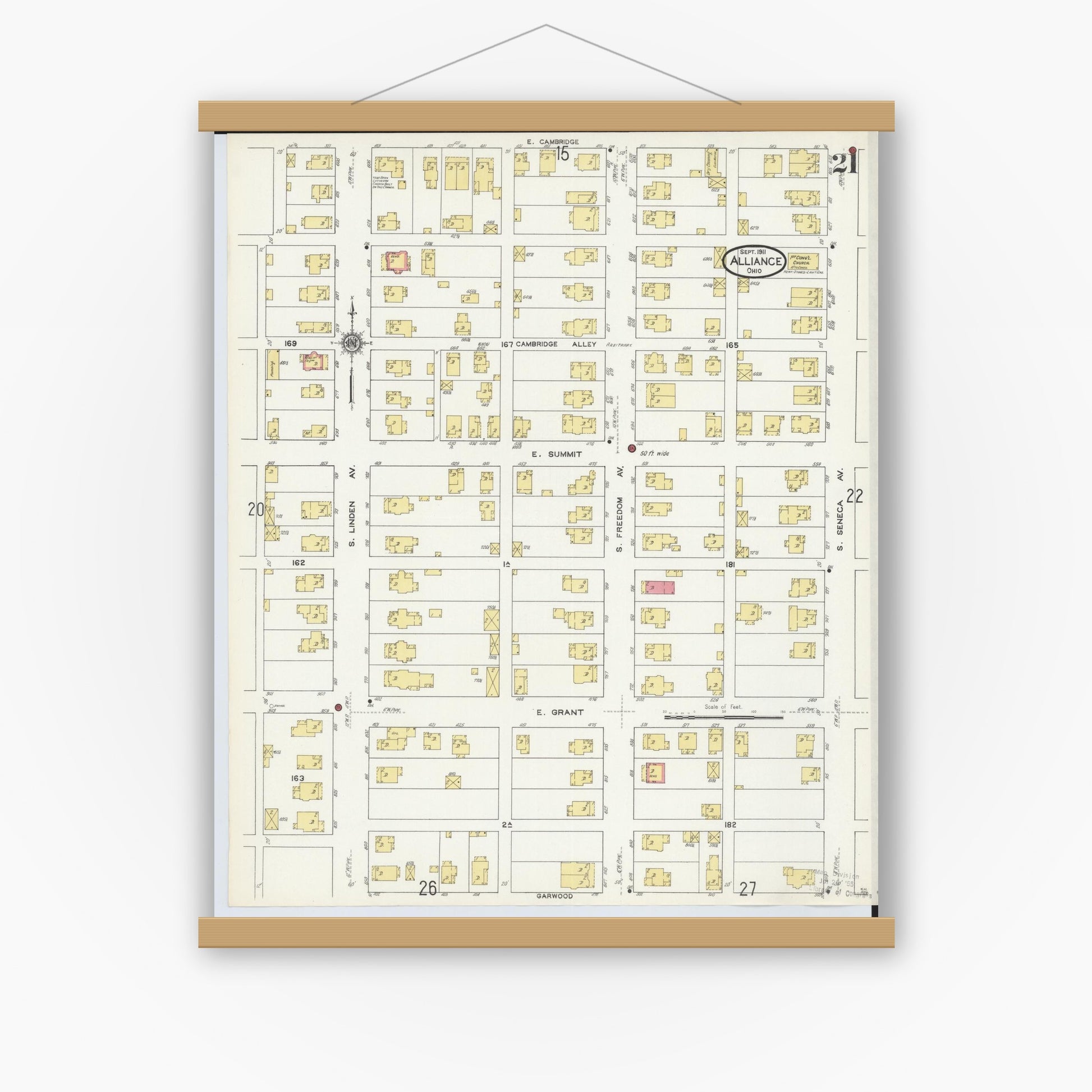 Old map wall art mockup — magnetic wood frame on white wall — Sanborn Fire Insurance Map from Alliance, Stark County, Ohio (1911), Sheet #0021