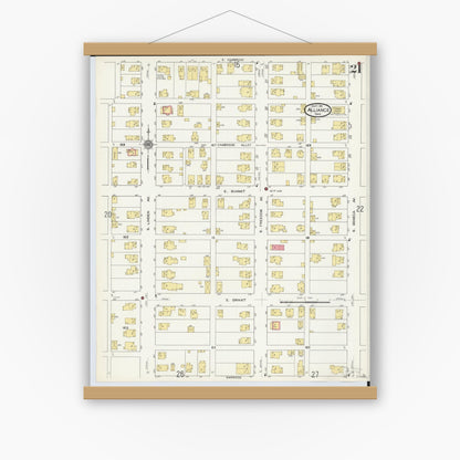Old map wall art mockup — magnetic wood frame on white wall — Sanborn Fire Insurance Map from Alliance, Stark County, Ohio (1911), Sheet #0021