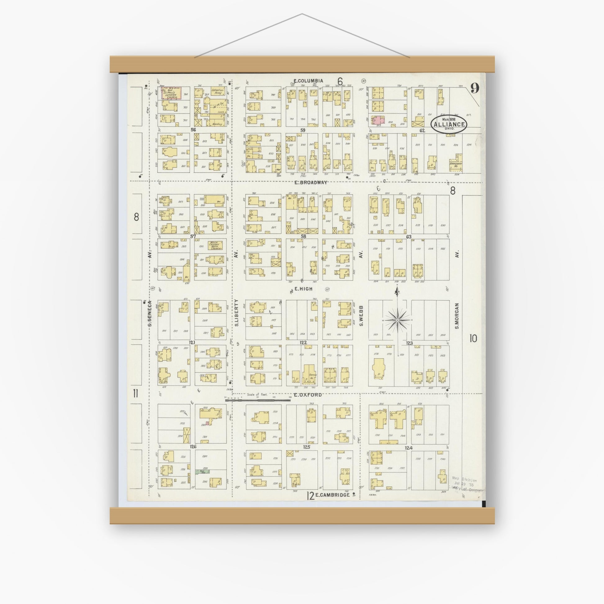 Old map wall art mockup — magnetic wood frame on white wall — Sanborn Fire Insurance Map from Alliance, Stark County, Ohio (1898), Sheet #0009