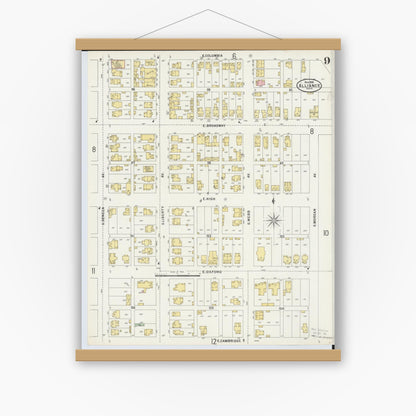 Old map wall art mockup — magnetic wood frame on white wall — Sanborn Fire Insurance Map from Alliance, Stark County, Ohio (1898), Sheet #0009