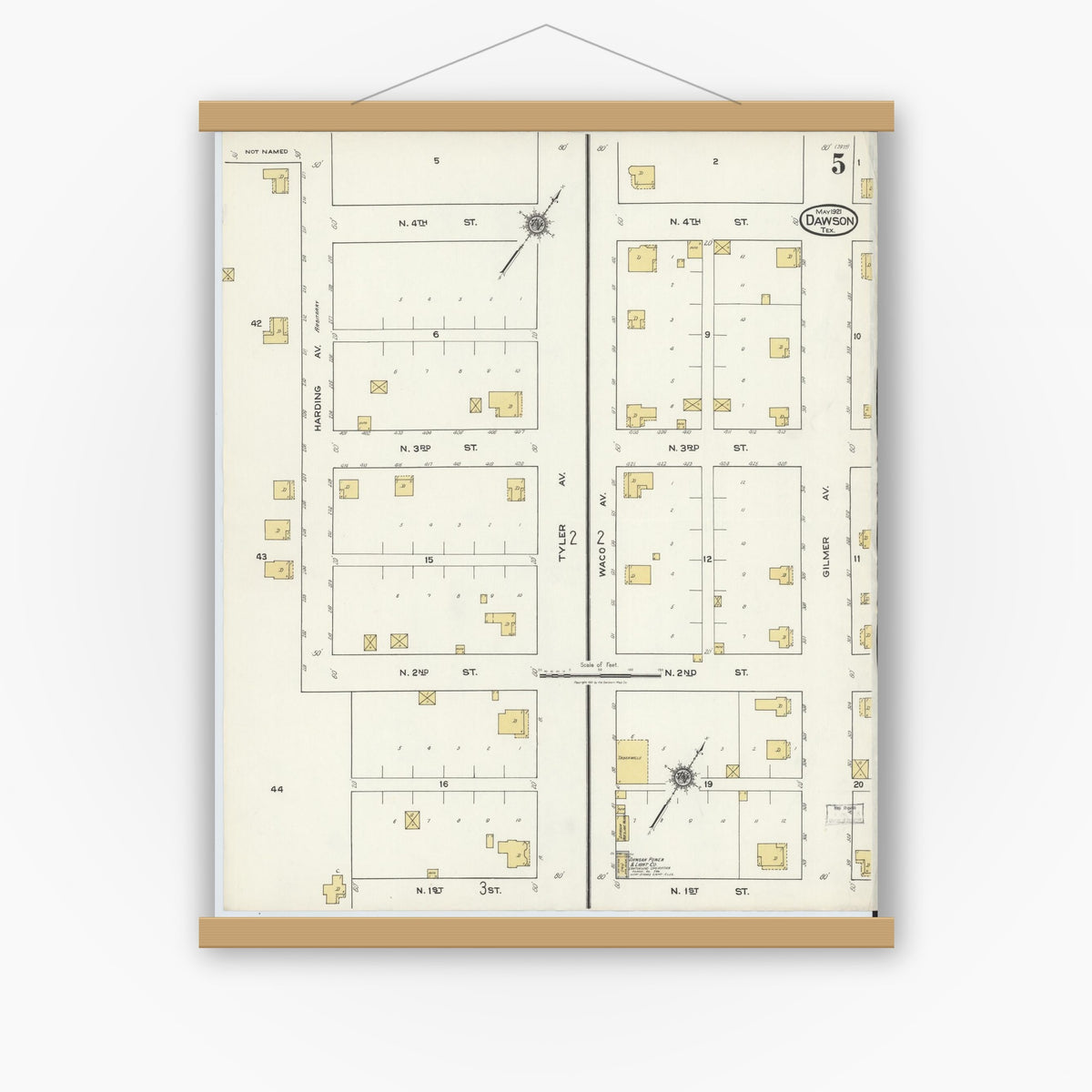 Old map wall art mockup — magnetic wood frame on white wall — Sanborn Fire Insurance Map from Dawson, Navarro County, Texas (1921), Sheet #0005