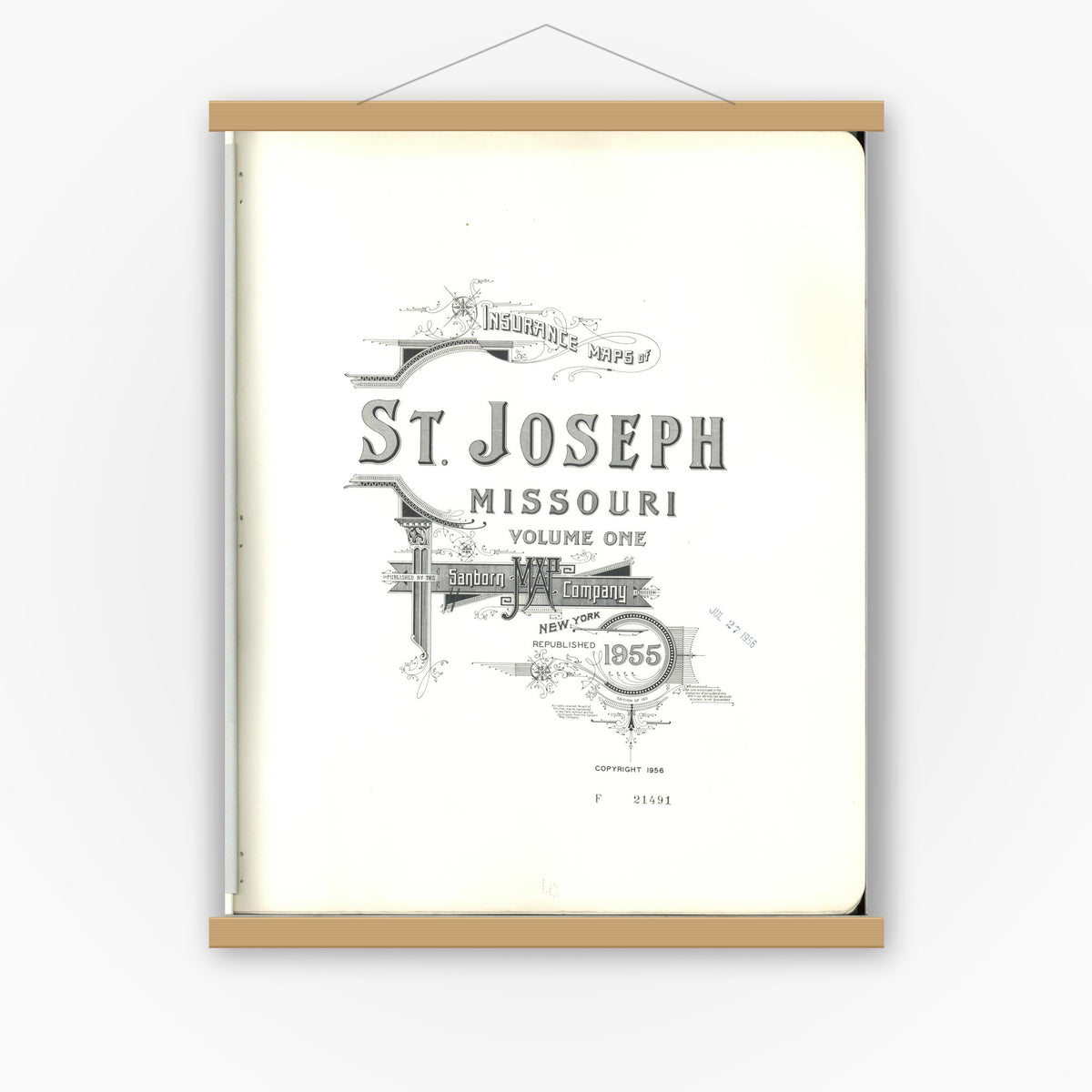 Old map wall art mockup — magnetic wood frame on white wall — Sanborn Fire Insurance Map from Saint Joseph, Buchanan County, Missouri (1955), Sheet #0001