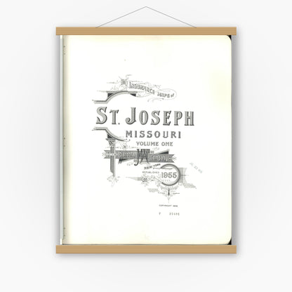 Old map wall art mockup — magnetic wood frame on white wall — Sanborn Fire Insurance Map from Saint Joseph, Buchanan County, Missouri (1955), Sheet #0001