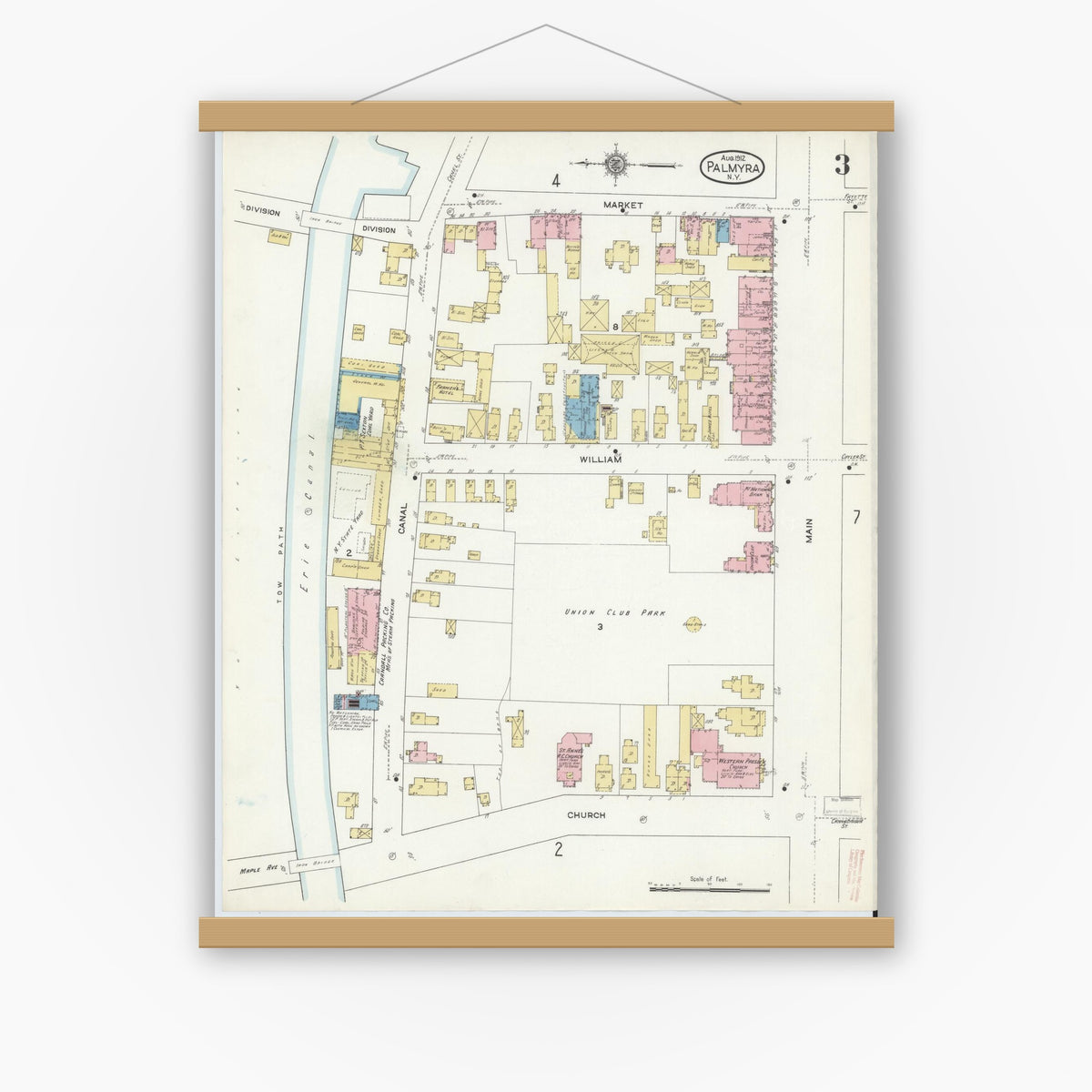 Old map wall art mockup — magnetic wood frame on white wall — Sanborn Fire Insurance Map from Palmyra, Wayne County, New York (1912), Sheet #0003