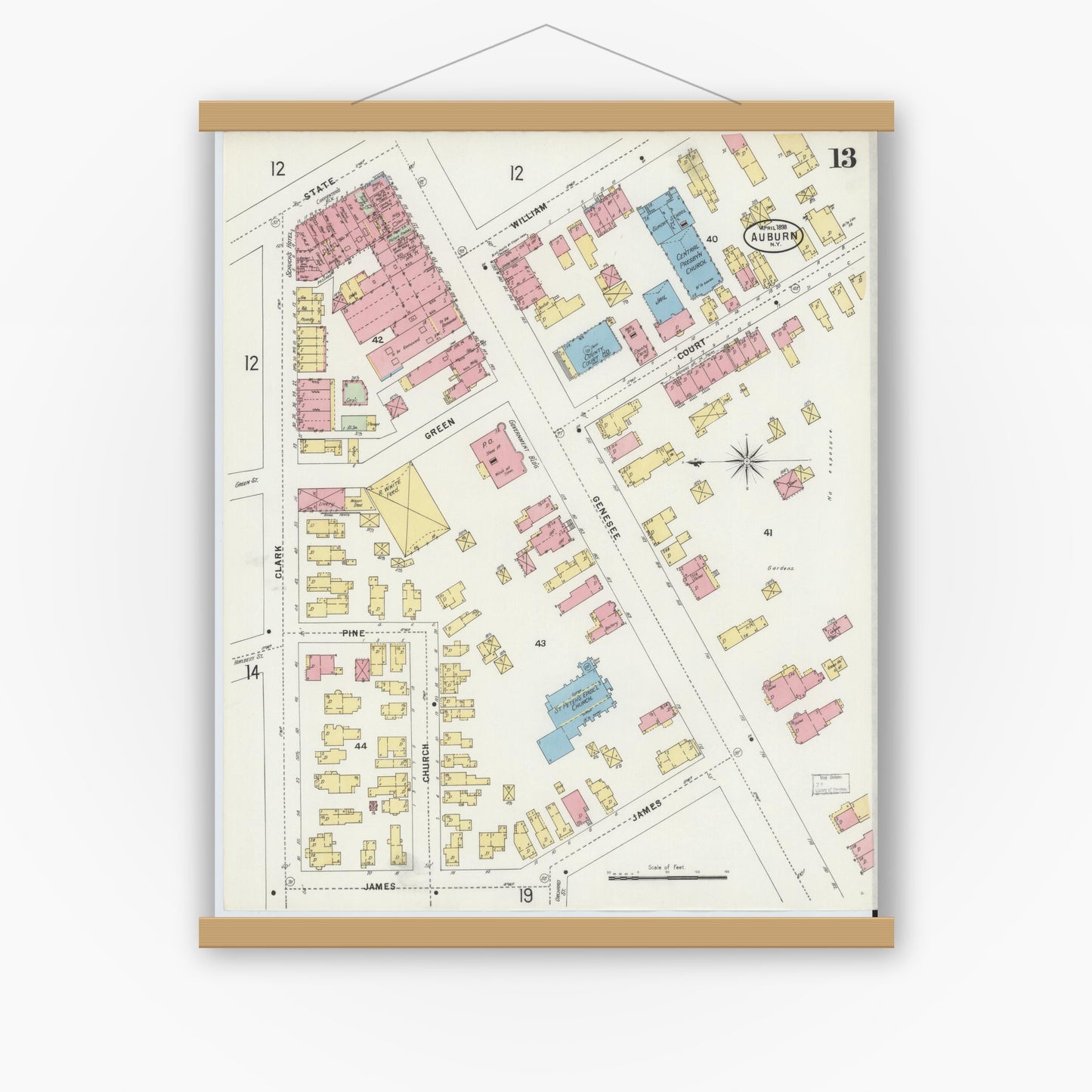 Old map wall art mockup — magnetic wood frame on white wall — Sanborn Fire Insurance Map from Auburn, Cayuga County, New York (1898), Sheet #0013