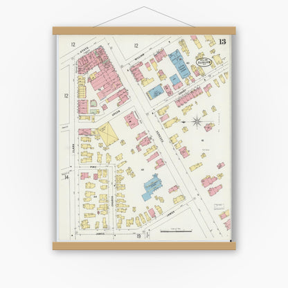 Old map wall art mockup — magnetic wood frame on white wall — Sanborn Fire Insurance Map from Auburn, Cayuga County, New York (1898), Sheet #0013