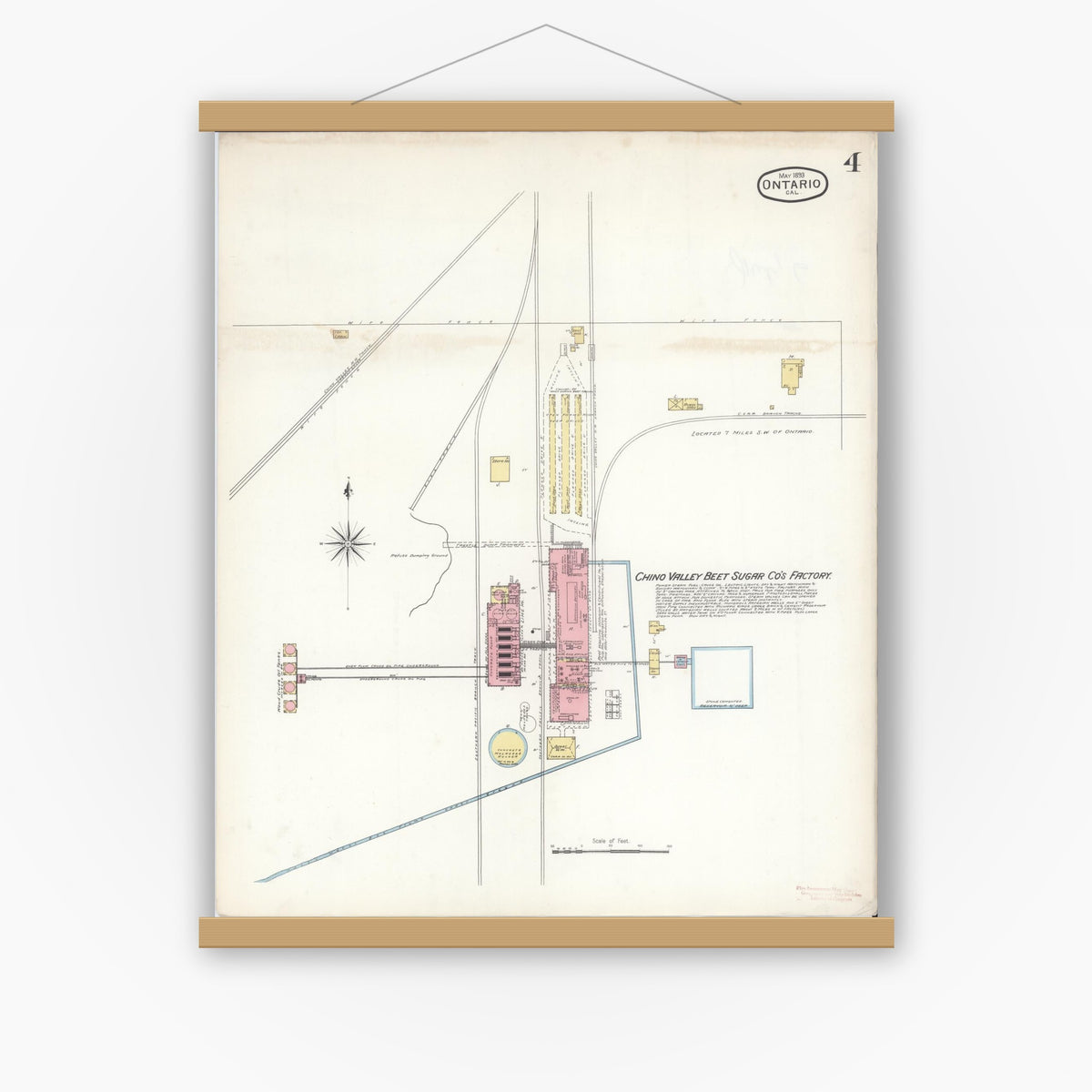 Old map wall art mockup — magnetic wood frame on white wall — Sanborn Fire Insurance Map from Ontario, San Bernardino County, California (1893), Sheet #0004