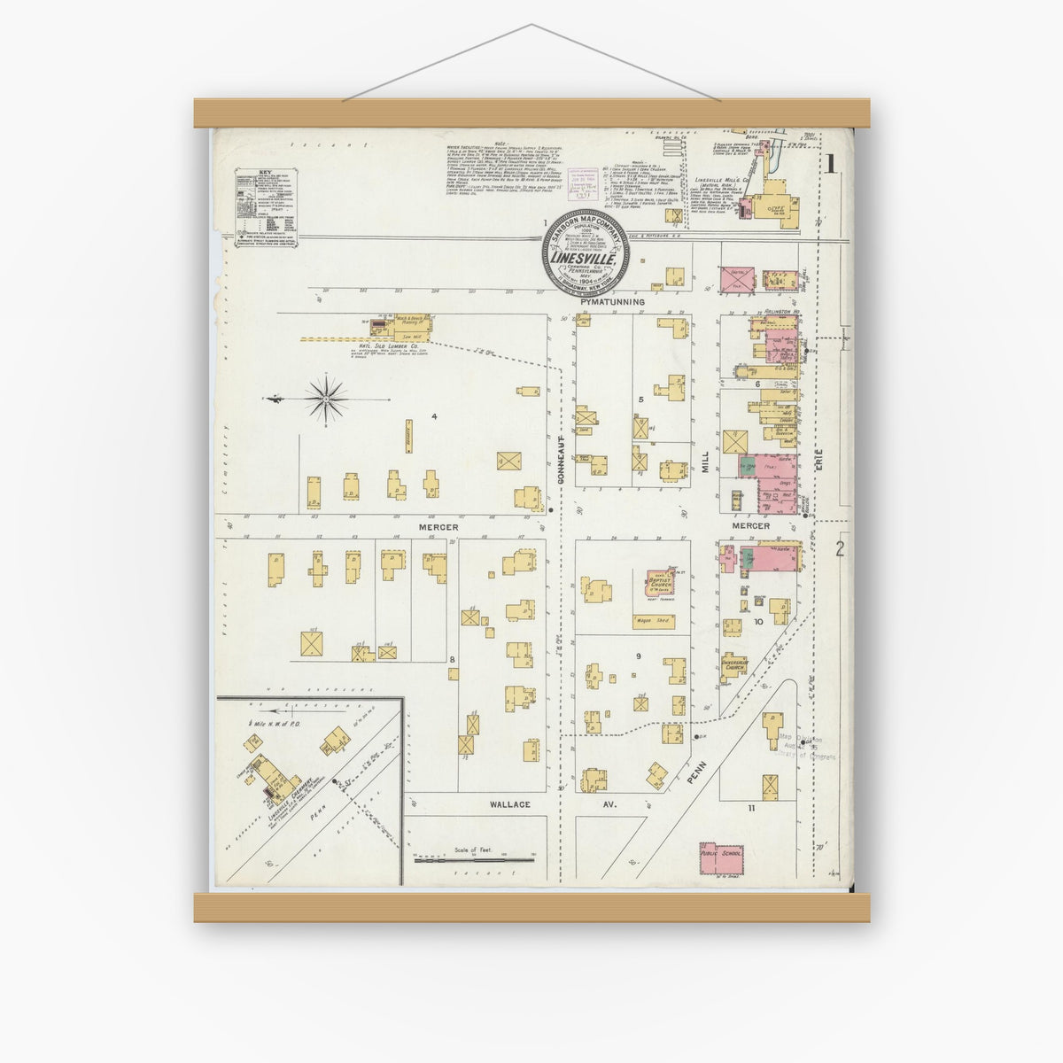 Old map wall art mockup — magnetic wood frame on white wall — Sanborn Fire Insurance Map from Linesville, Crawford County, Pennsylvania (1904) - Complete Map Set