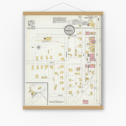 Old map wall art mockup — magnetic wood frame on white wall — Sanborn Fire Insurance Map from Linesville, Crawford County, Pennsylvania (1904) - Complete Map Set