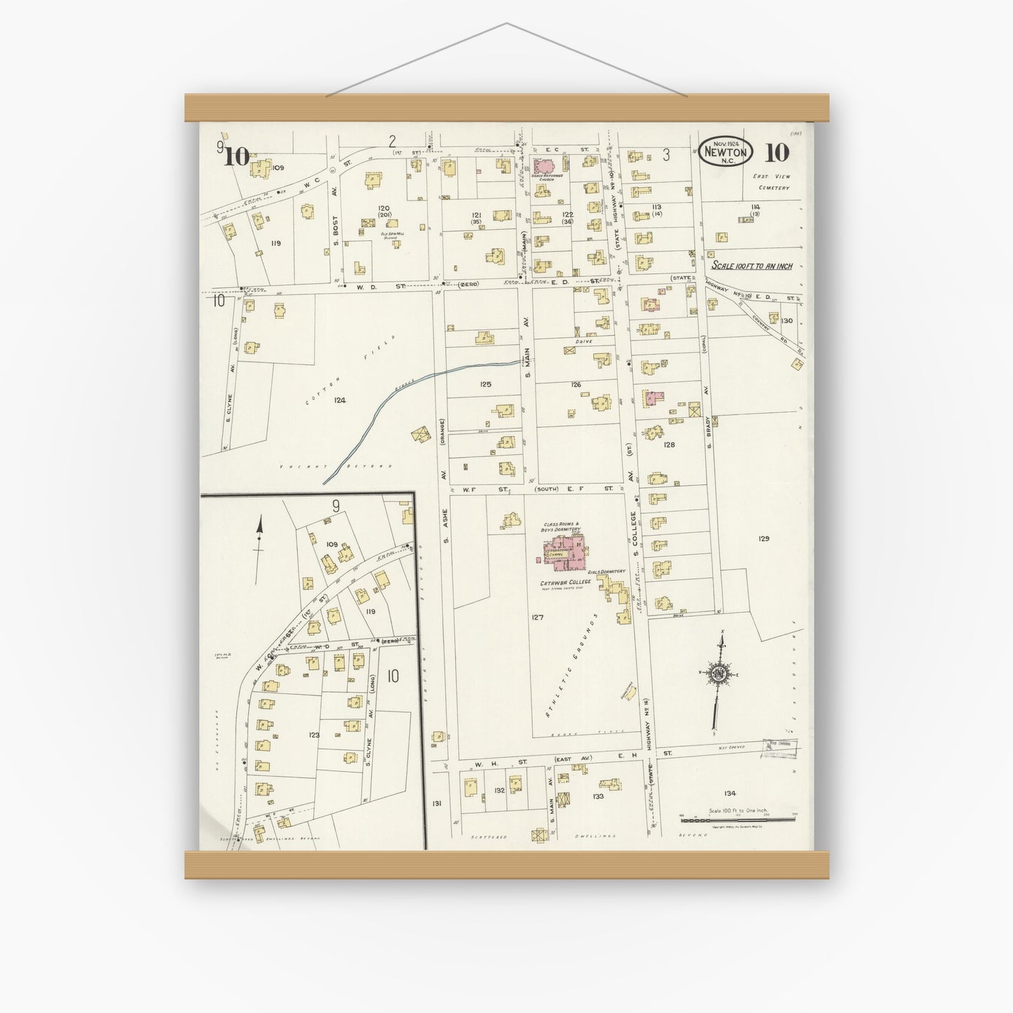 Old map wall art mockup — magnetic wood frame on white wall — Sanborn Fire Insurance Map from Newton, Catawba County, North Carolina (1924), Sheet #0010