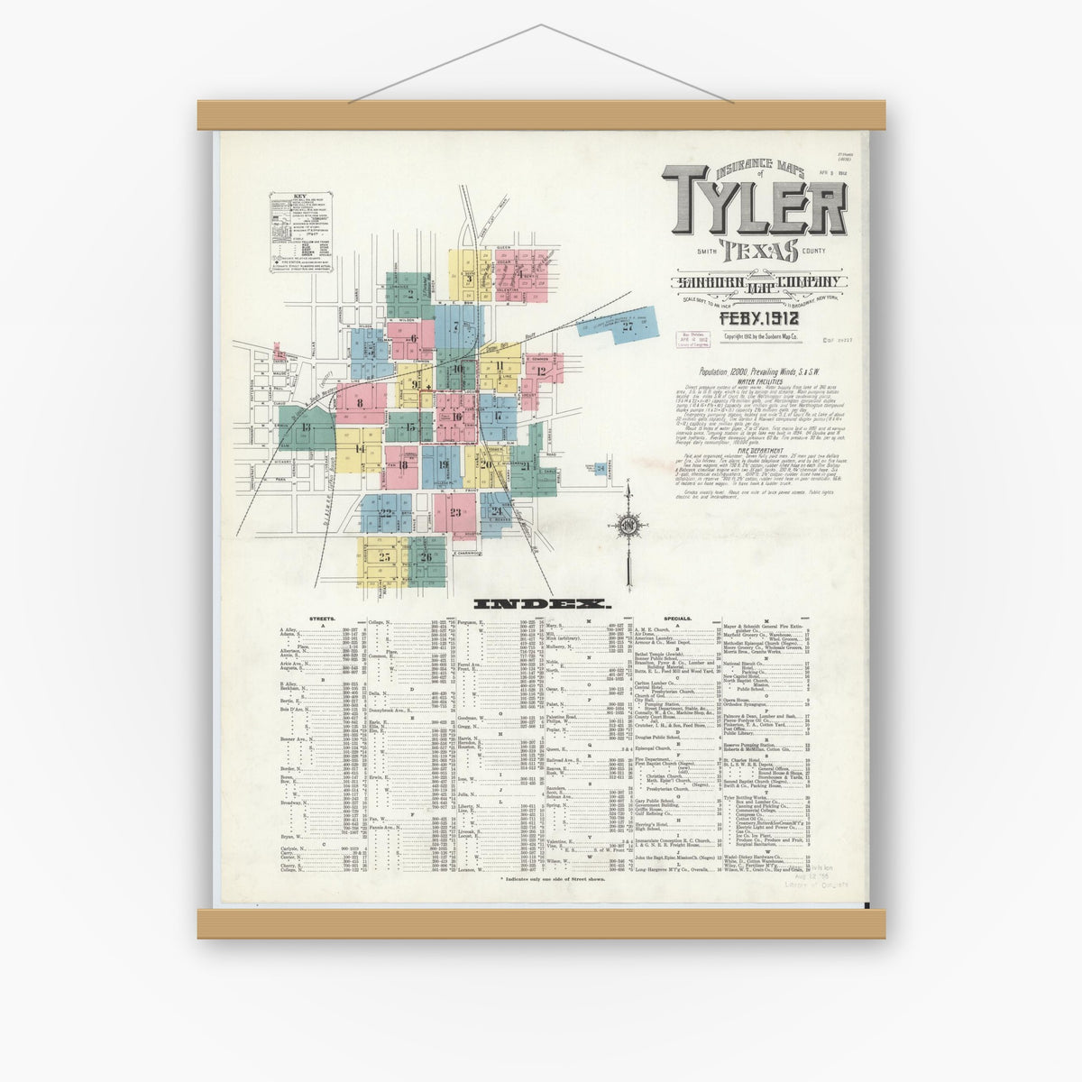 Old map wall art mockup — magnetic wood frame on white wall — Sanborn Fire Insurance Map from Tyler, Smith County, Texas (1912) - Complete Map Set