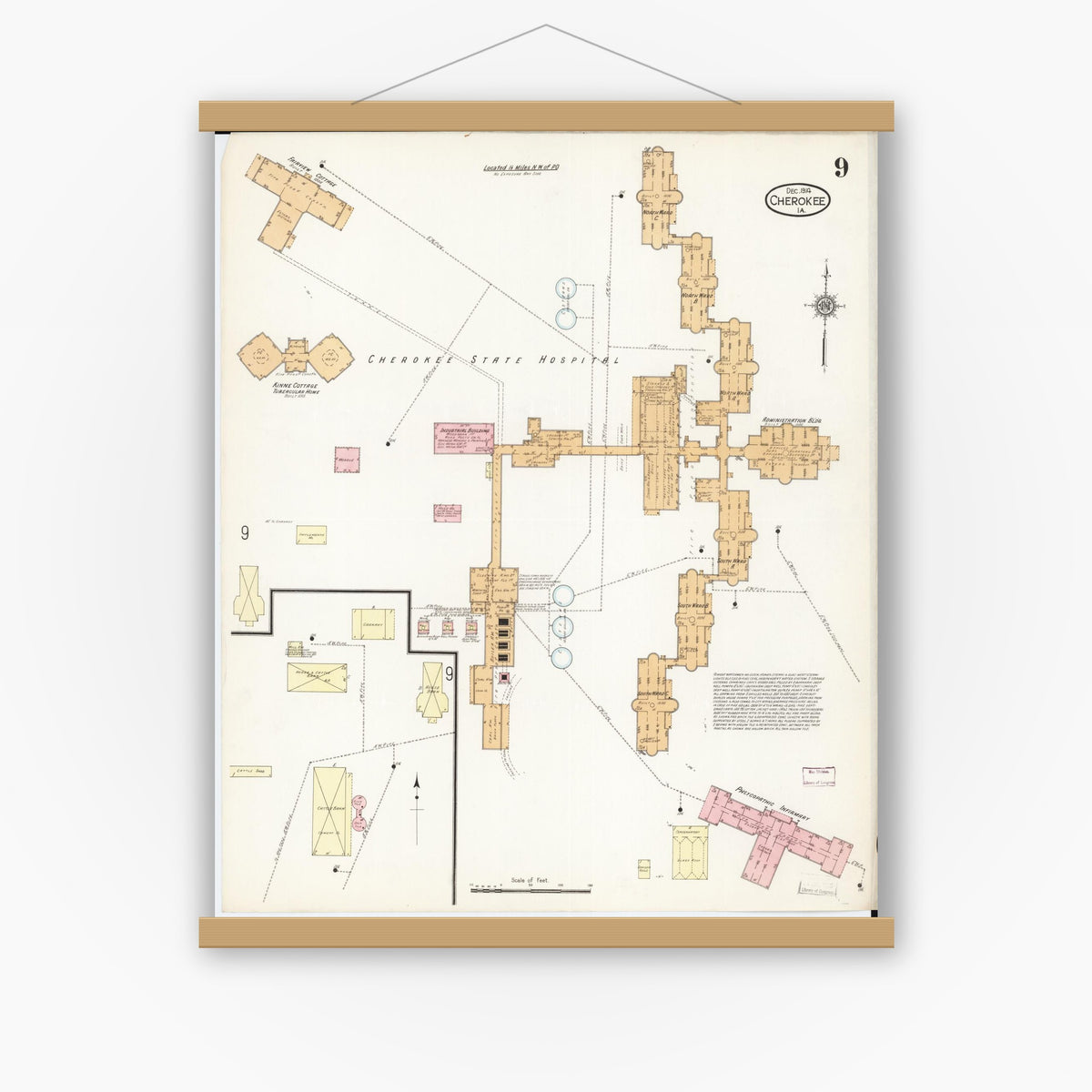 Old map wall art mockup — magnetic wood frame on white wall — Sanborn Fire Insurance Map from Cherokee, Cherokee County, Iowa (1914), Sheet #0009