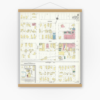 Old map wall art mockup — magnetic wood frame on white wall — Sanborn Fire Insurance Map from Mitchell, Lawrence County, Indiana (1909), Sheet #0002