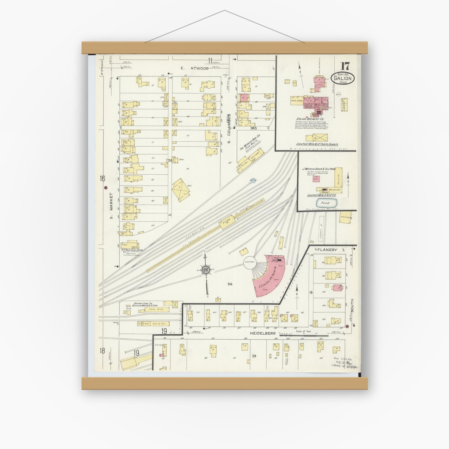 Old map wall art mockup — magnetic wood frame on white wall — Sanborn Fire Insurance Map from Galion, Crawford County, Ohio (1913), Sheet #0017