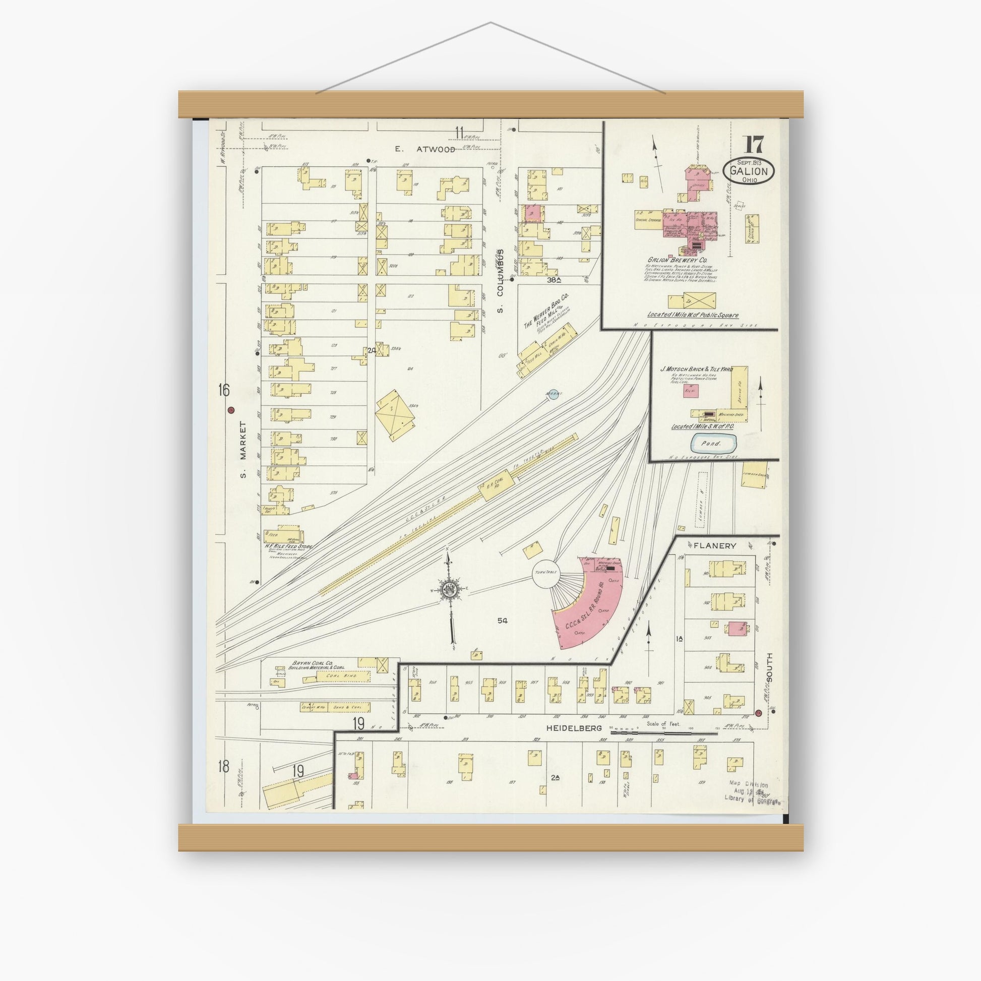 Old map wall art mockup — magnetic wood frame on white wall — Sanborn Fire Insurance Map from Galion, Crawford County, Ohio (1913), Sheet #0017
