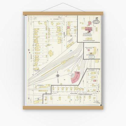 Old map wall art mockup — magnetic wood frame on white wall — Sanborn Fire Insurance Map from Galion, Crawford County, Ohio (1913), Sheet #0017