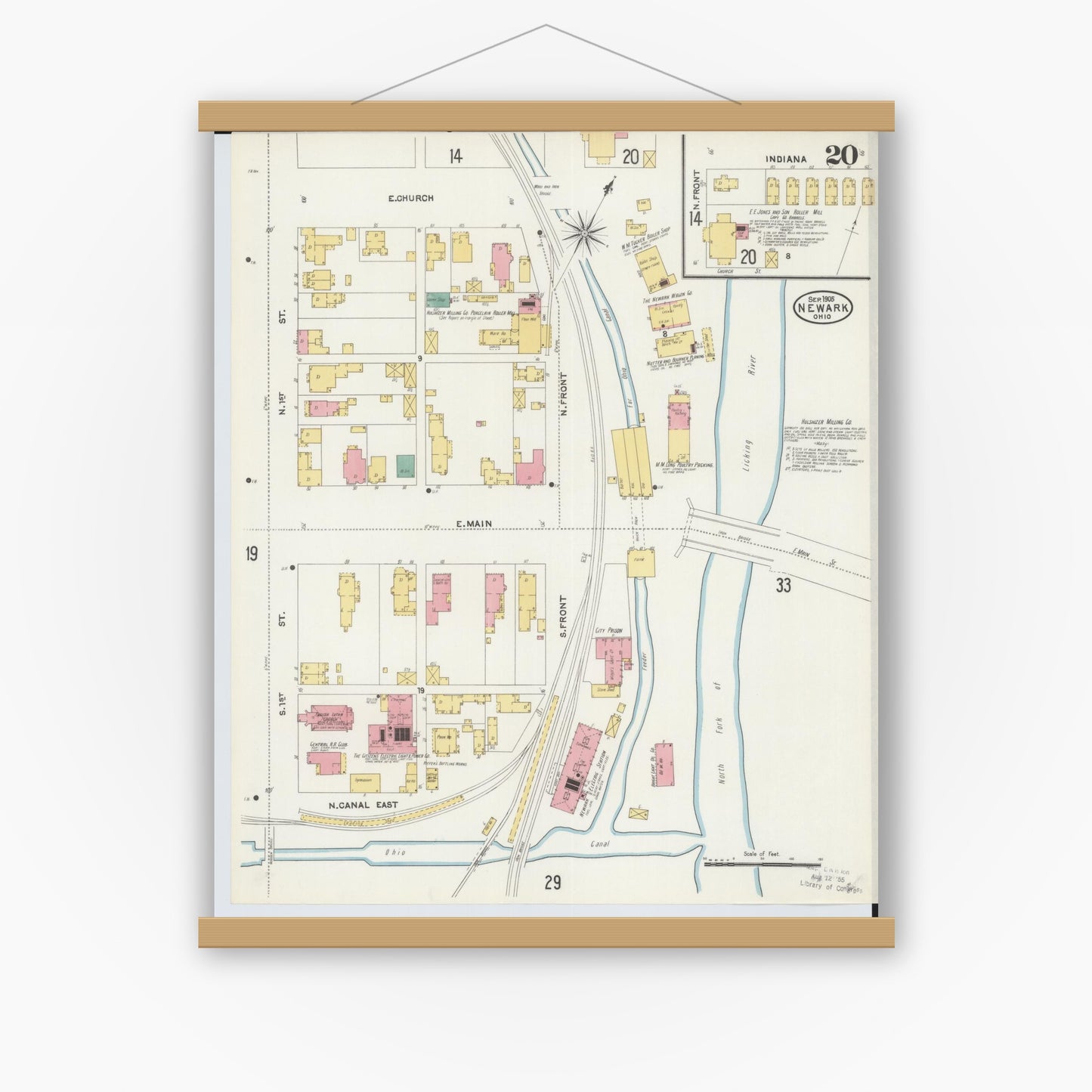 Old map wall art mockup — magnetic wood frame on white wall — Sanborn Fire Insurance Map from Newark, Licking County, Ohio (1905), Sheet #0020
