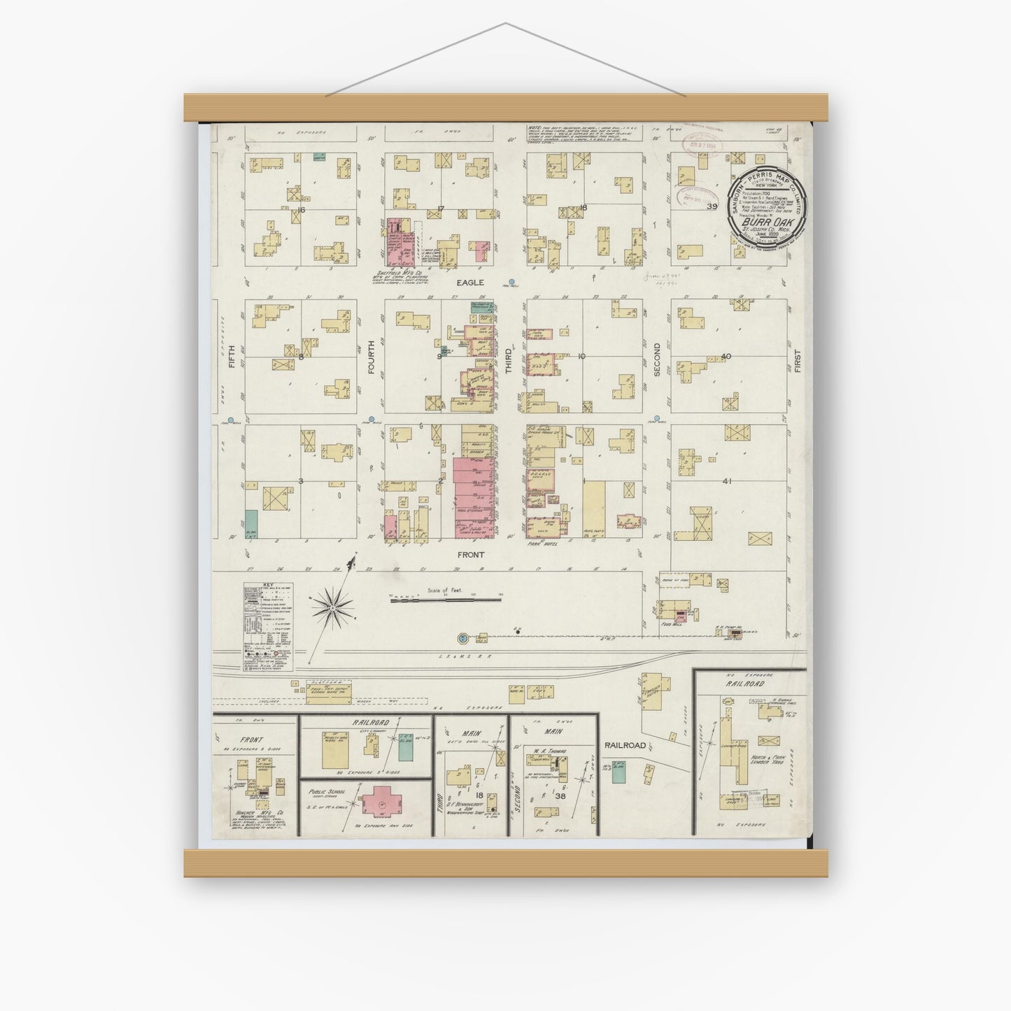 Old map wall art mockup — magnetic wood frame on white wall — Sanborn Fire Insurance Map from Burr Oak, Saint Joseph County, Michigan (1899), Sheet #0001