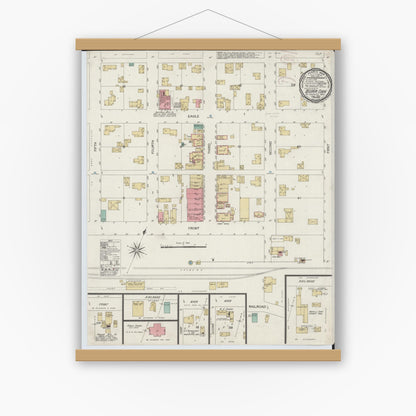Old map wall art mockup — magnetic wood frame on white wall — Sanborn Fire Insurance Map from Burr Oak, Saint Joseph County, Michigan (1899), Sheet #0001